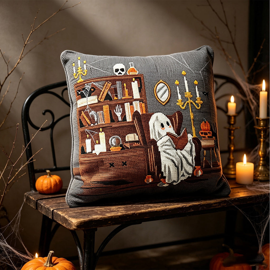 Halloween Ghost Reading Book Throw Pillow Cover, Spooky Library Bookshelf Skull Candlestick Decorative Pillowcase, Retro Halloween Cushion Cover
