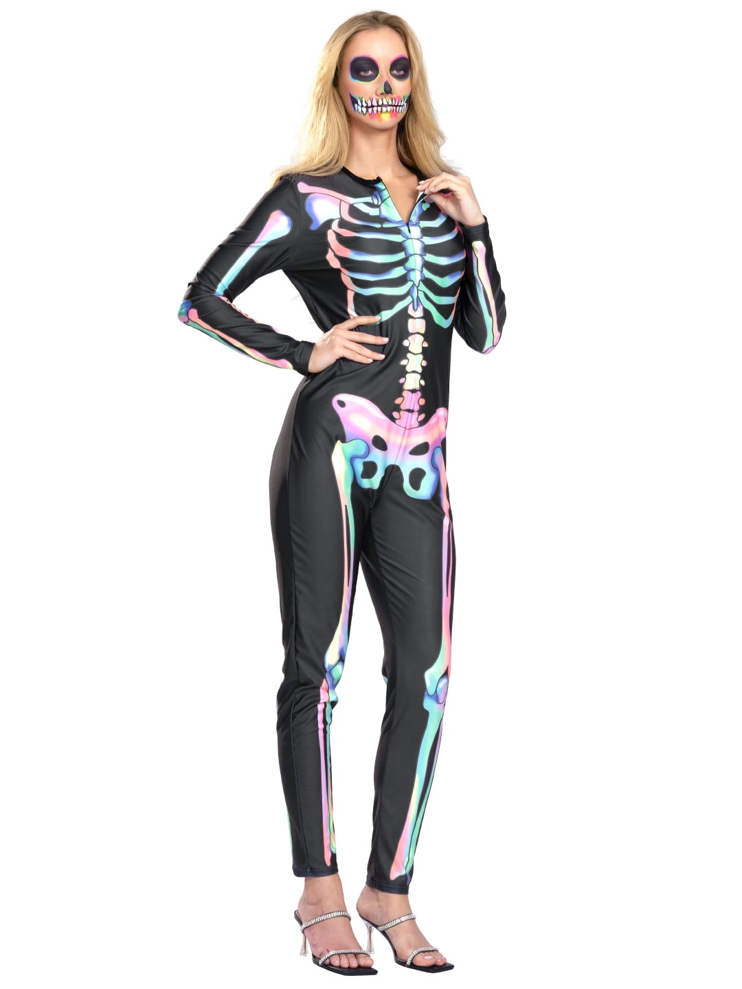 Seasons Women's Halloween Skeleton Costume, Double-Sided Colourful Pattern, Black Light Reactive