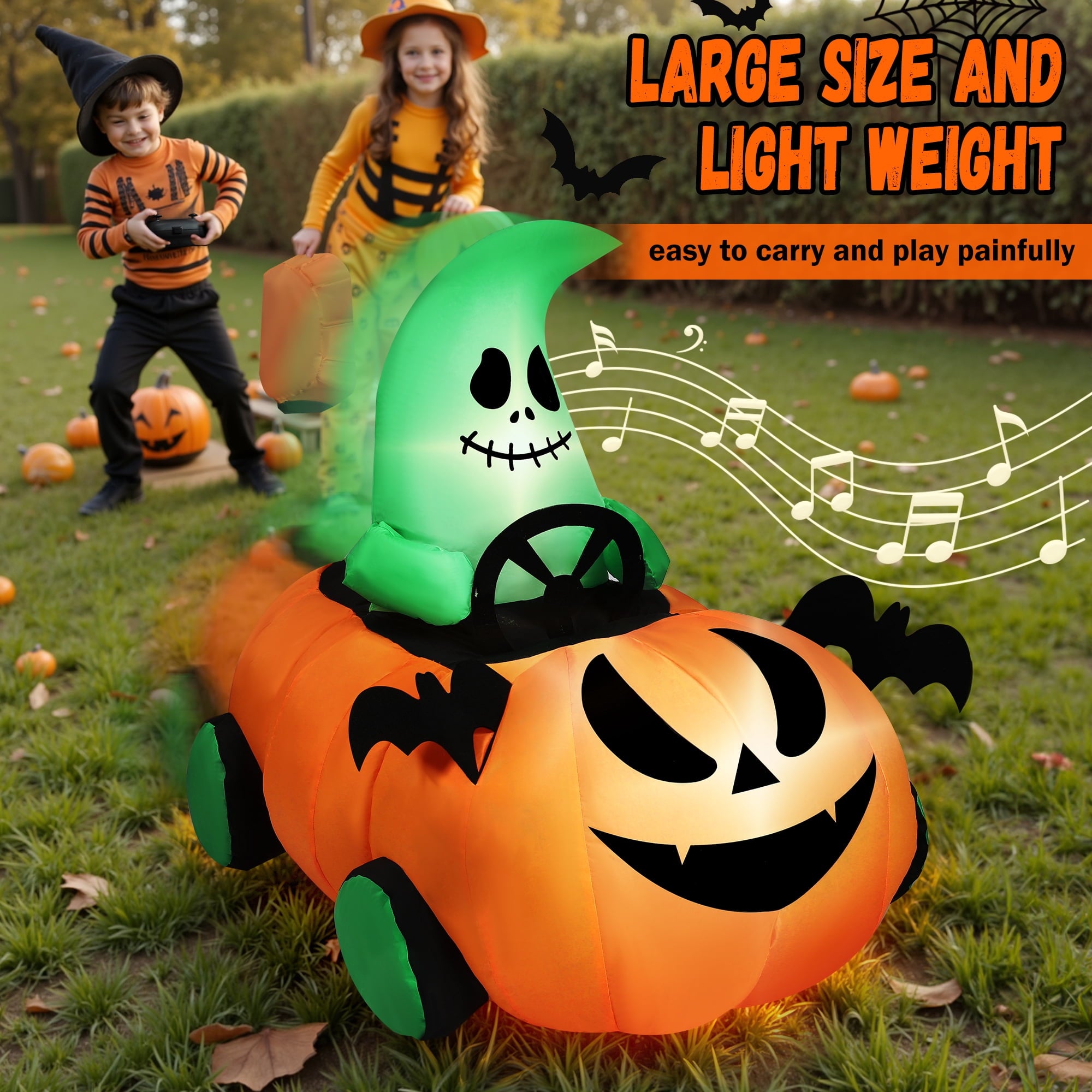 Firstness 2.6ft Remote Control Halloween Inflatable with Music Lights,Pumpkin Spider Car Blow ups Rc Car,Indoor Outdoor Decorations