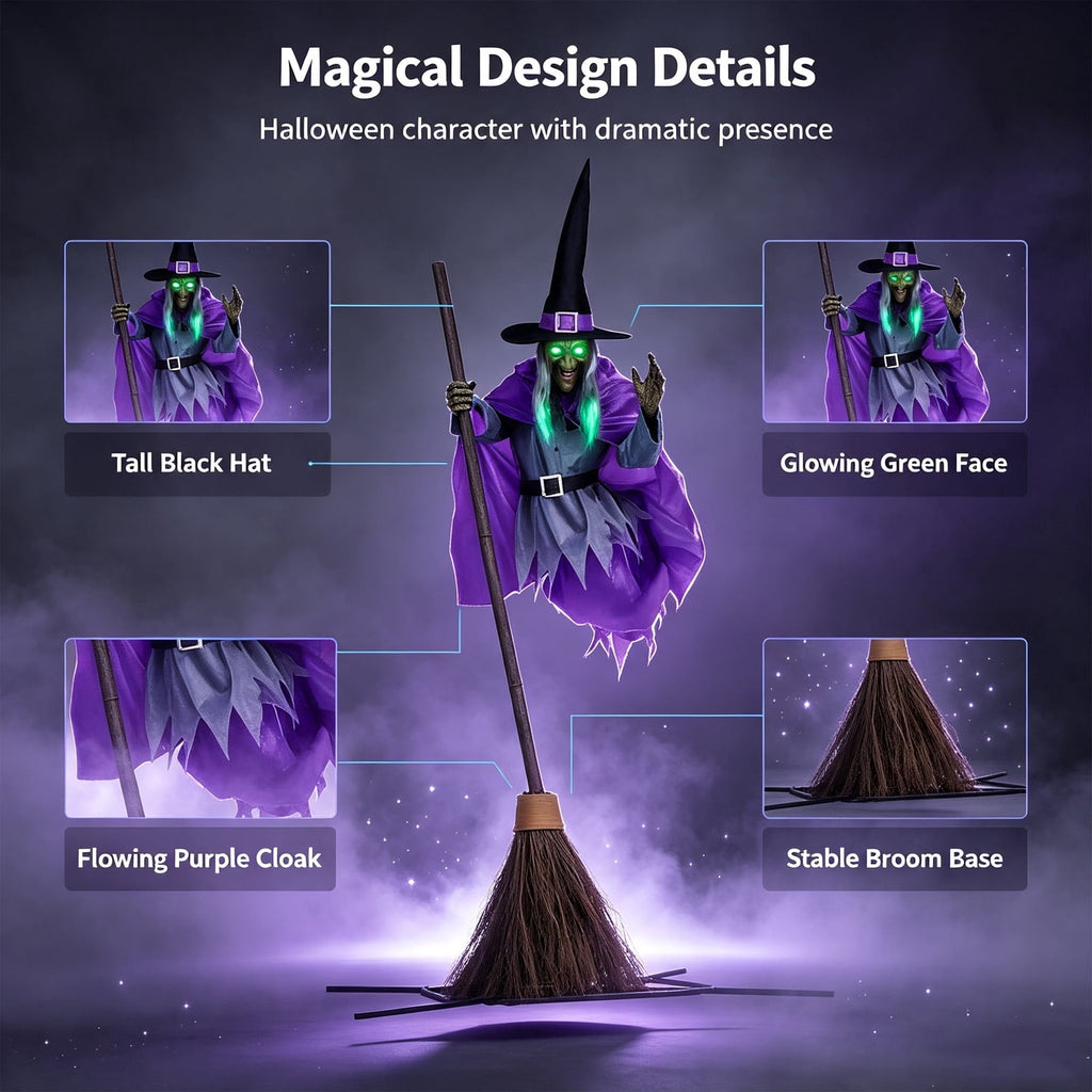 Halloween Flying Witch on Broom Decorations, 6 FT Animated Hovering Witch Animatronics Holding Sweeper Props with Scary Sounds and Lights, House Decor for Outside Indoor Garden Yard Lawn