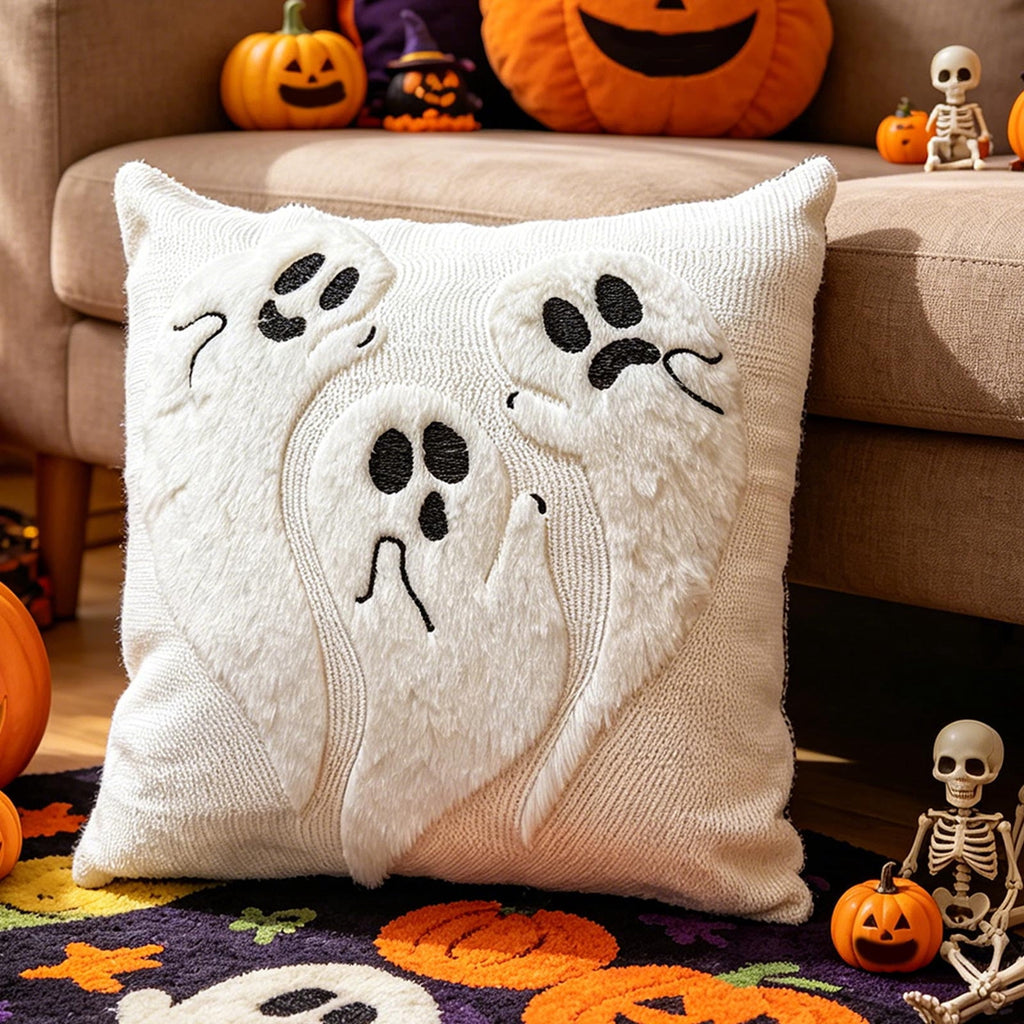 Yeciiwht Halloween Throw Pillow Cover – 18*18inch Embroidered Linen Cushion Case with Ghost, Mummy & Bat Designs, Invisible Zipper, Machine Washable