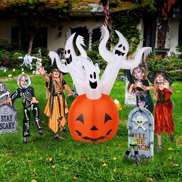 5.9FT Halloween Inflatable Pumpkin Ghost, Built-in LED Lights, Waterproof Polyester for Yard/Garden