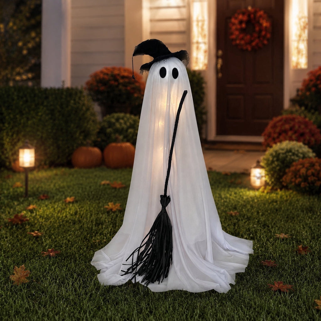 Light-Up Standing Fabric Ghost with Broom Decoration, Black and White, 36", Halloween by Way To Celebrate