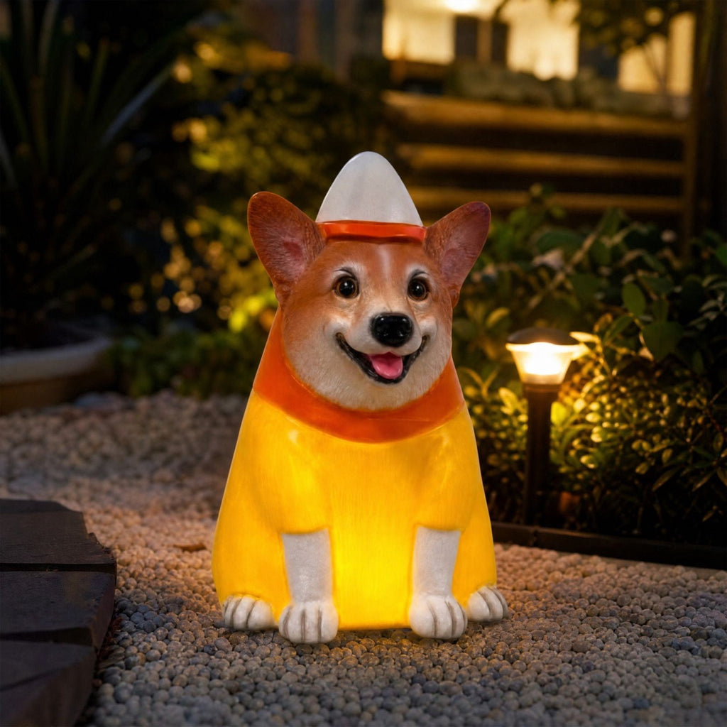 Halloween Dog Greeter - Frenchie 7.9in Resin Witch Dog with Light-Up Pumpkin, Spooky Fall Decor, Indoor Outdoor Tabletop Decoration