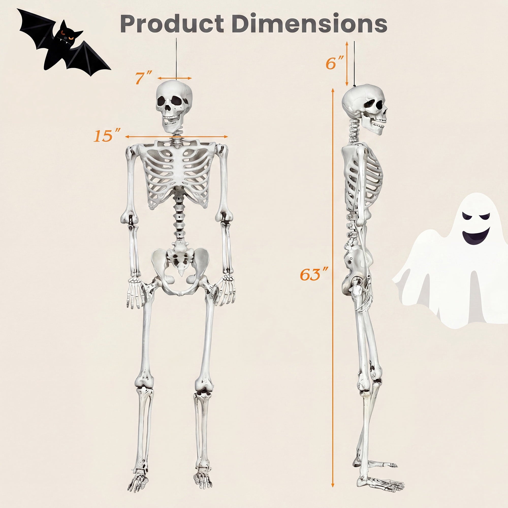 Costway 5.4ft Halloween Christmas Skeleton Life Size Realistic Full Body Hanging with Movable Joints 63 Inches