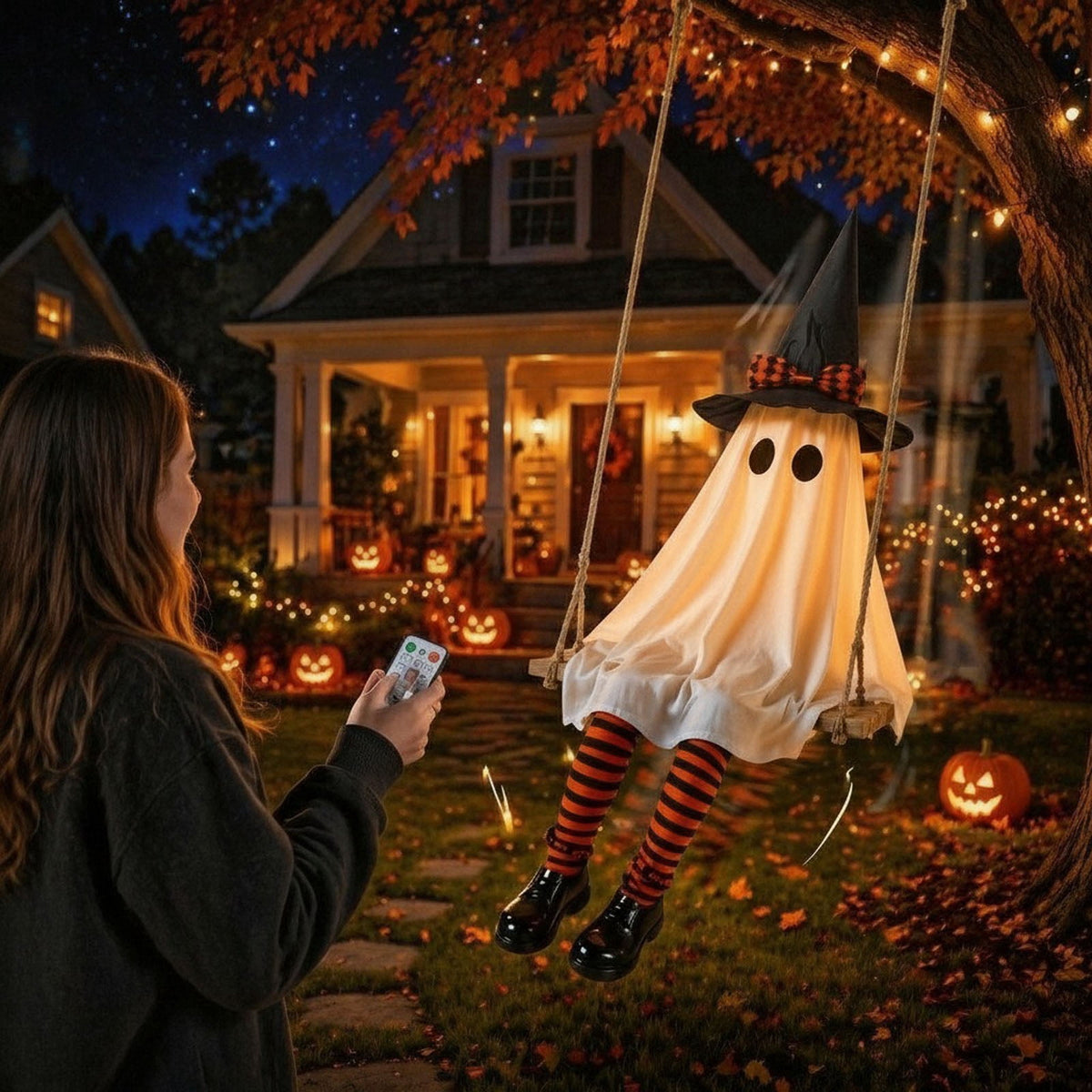 Clearance 5 FT Hanging Ghost Decor,Early Halloween Decorations Light-Up Flying Ghost on Broomstick with Witch Hat, Witch Broom, Spooky Cute Outdoor Halloween Decorations for Front Porch Yard Tree