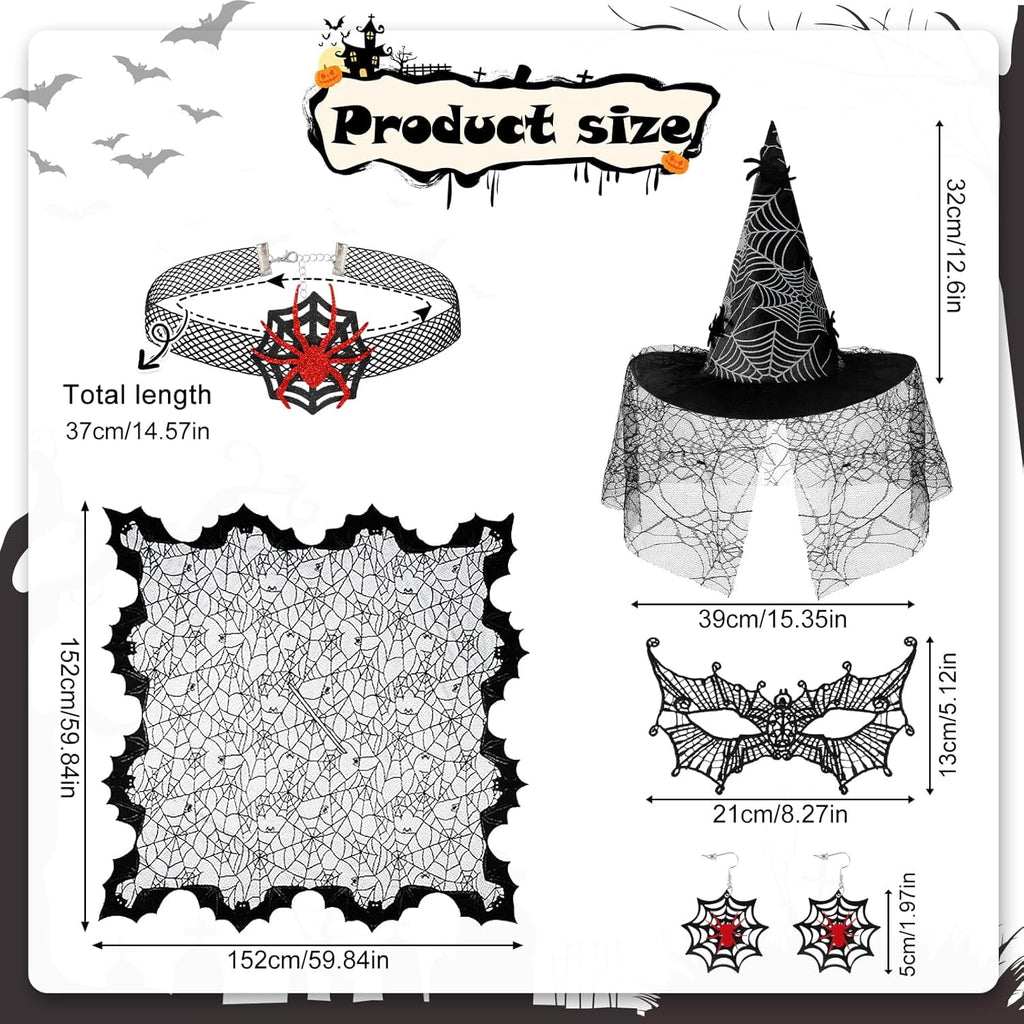 HIFOT 6pcs/set Spider Costume Adult Spider Web Poncho Tights Spider Necklace Chocker Earings Mask and Witch Hat Halloween Costumes for Women