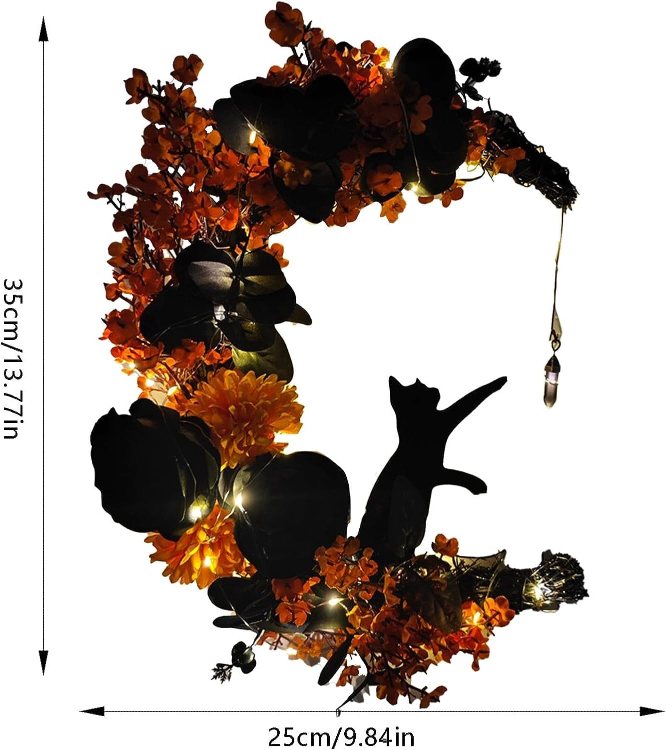 Wiher Halloween Wreaths with Lights for Front Door, 13.77" Halloween Moon Wreath with Black Cat Wood Wreath Halloween Wreath Horror Decorations for Home Party Window Wall Indoor Outdoor C
