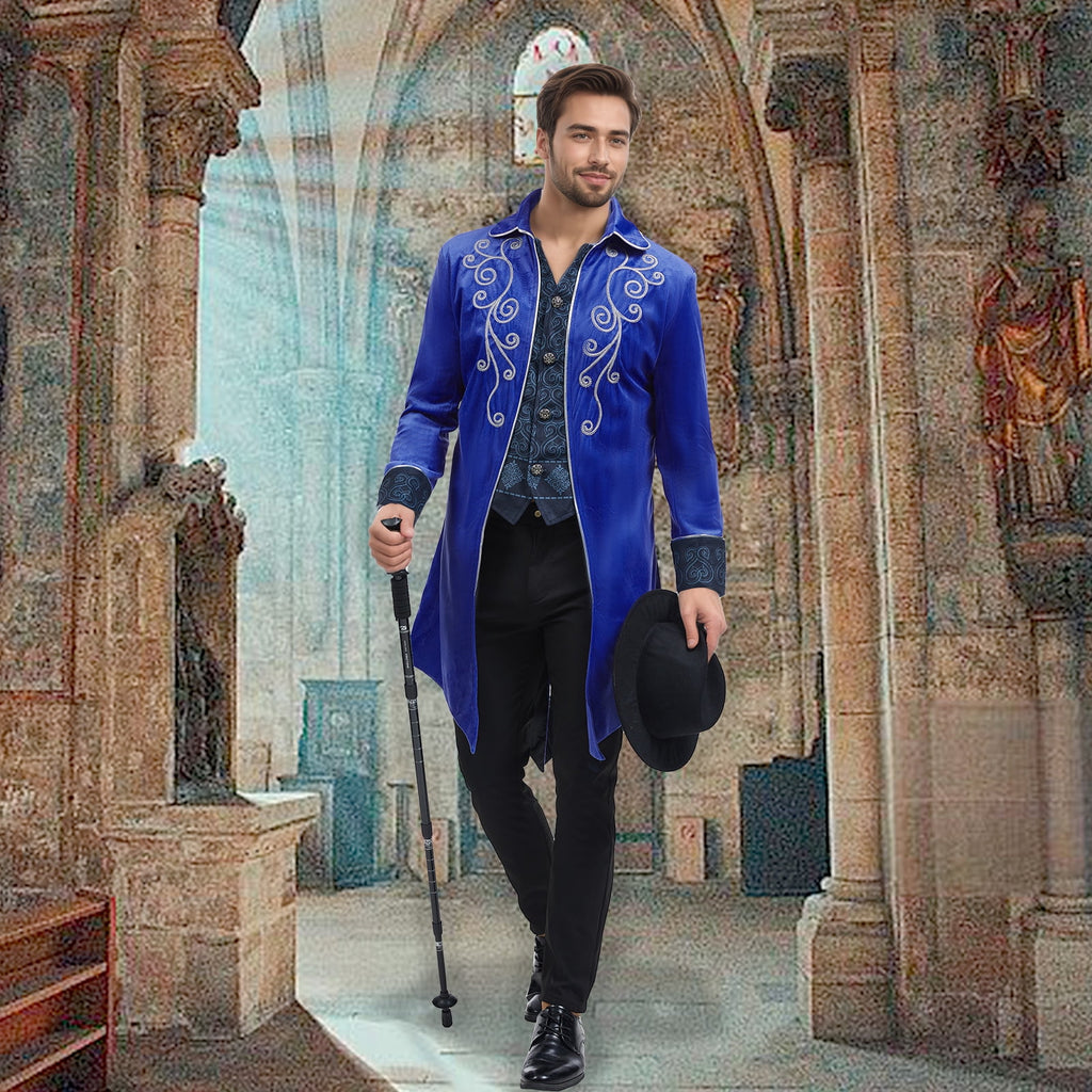 GYQMBT Men Medieval Steampunk Tailcoat Jacket Gothic Victorian Frock Coat Uniform Halloween Party Cosplay Gentleman Costumes, Blue, XL