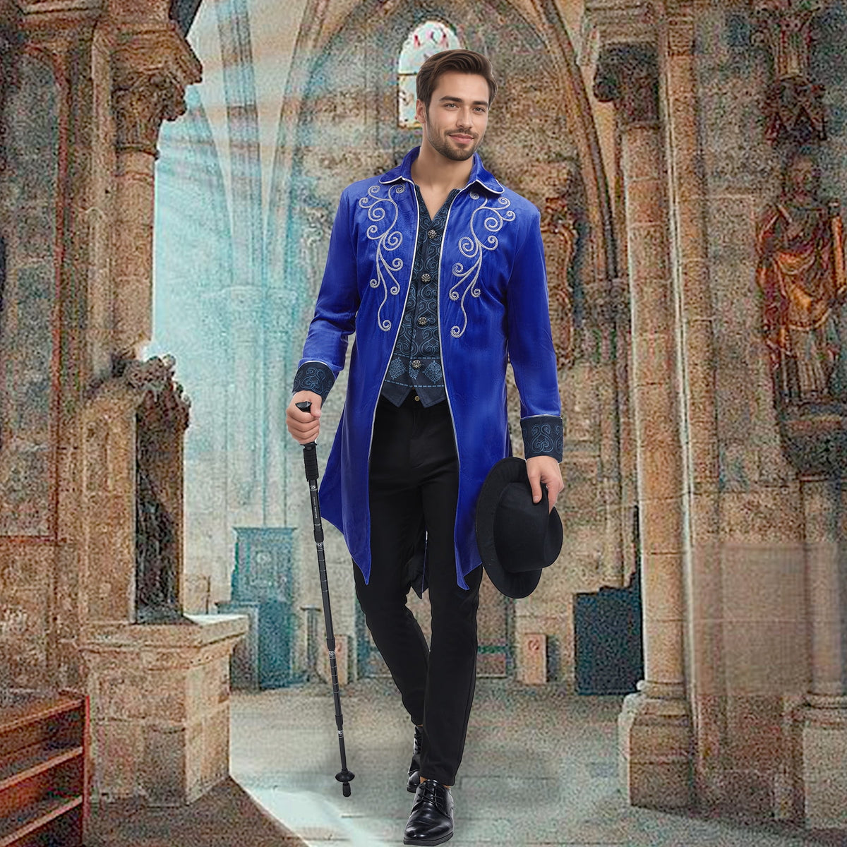 GYQMBT Men Medieval Steampunk Tailcoat Jacket Gothic Victorian Frock Coat Uniform Halloween Party Cosplay Gentleman Costumes, Blue, XL