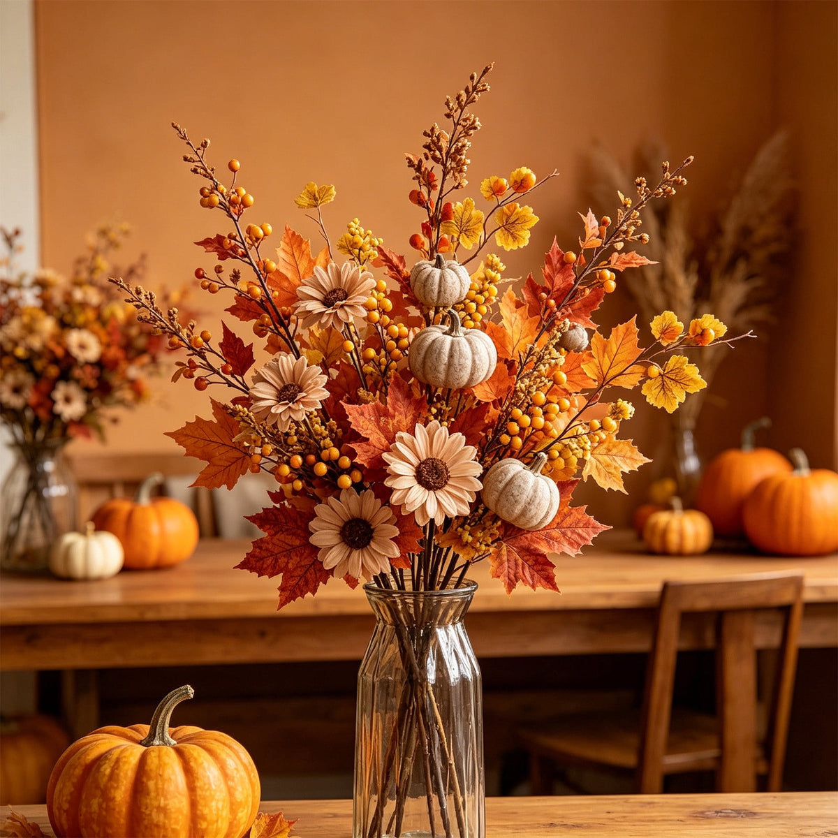 SCNOR Artificial Fall Floral Pick with Pumpkin Maple Leaf Sunflower, Halloween Thanksgiving Table Centerpiece for Home Decor