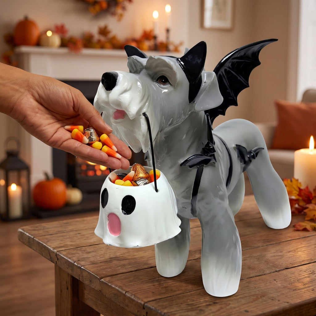 Halloween Dog Greeter - Frenchie 7.9in Resin Witch Dog with Light-Up Pumpkin, Spooky Fall Decor, Indoor Outdoor Tabletop Decoration