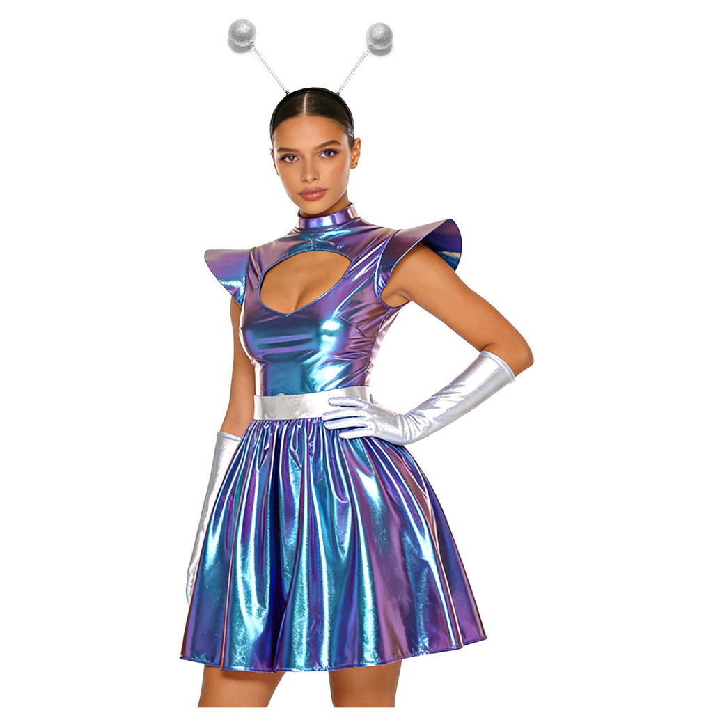Aislor Womens Outer Space Alien Dress with Gloves Headband Halloween Space Cadet Rave Outfit Blue 3XL
