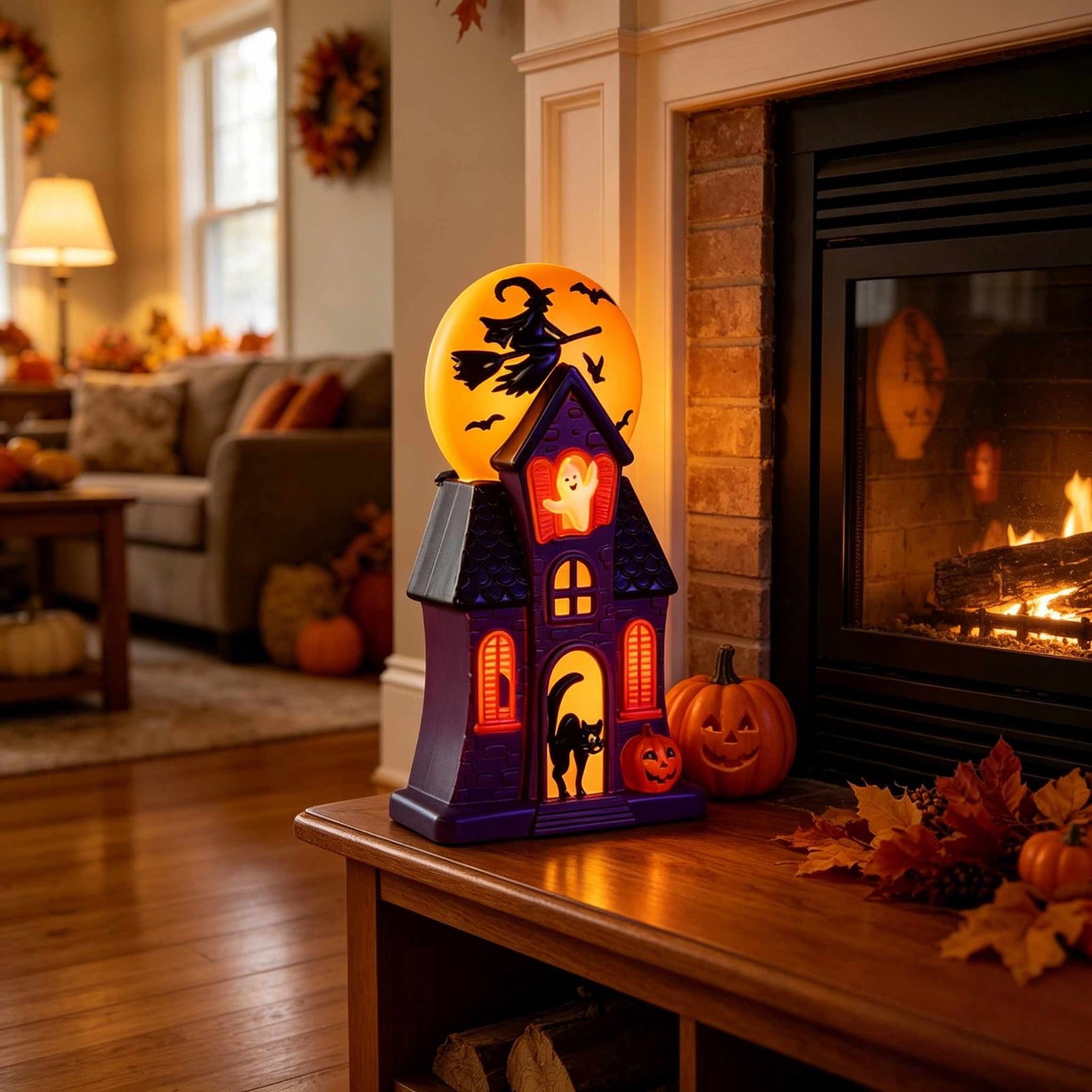 Halloween Haunted House Blow Mold Light, Resin Pre-Lit Spooky Mansion with Glowing Witch Moon, Ghost & Black Cat, Vintage Spooky House Lamp for Indoor Tabletop Outdoor Garden Decor