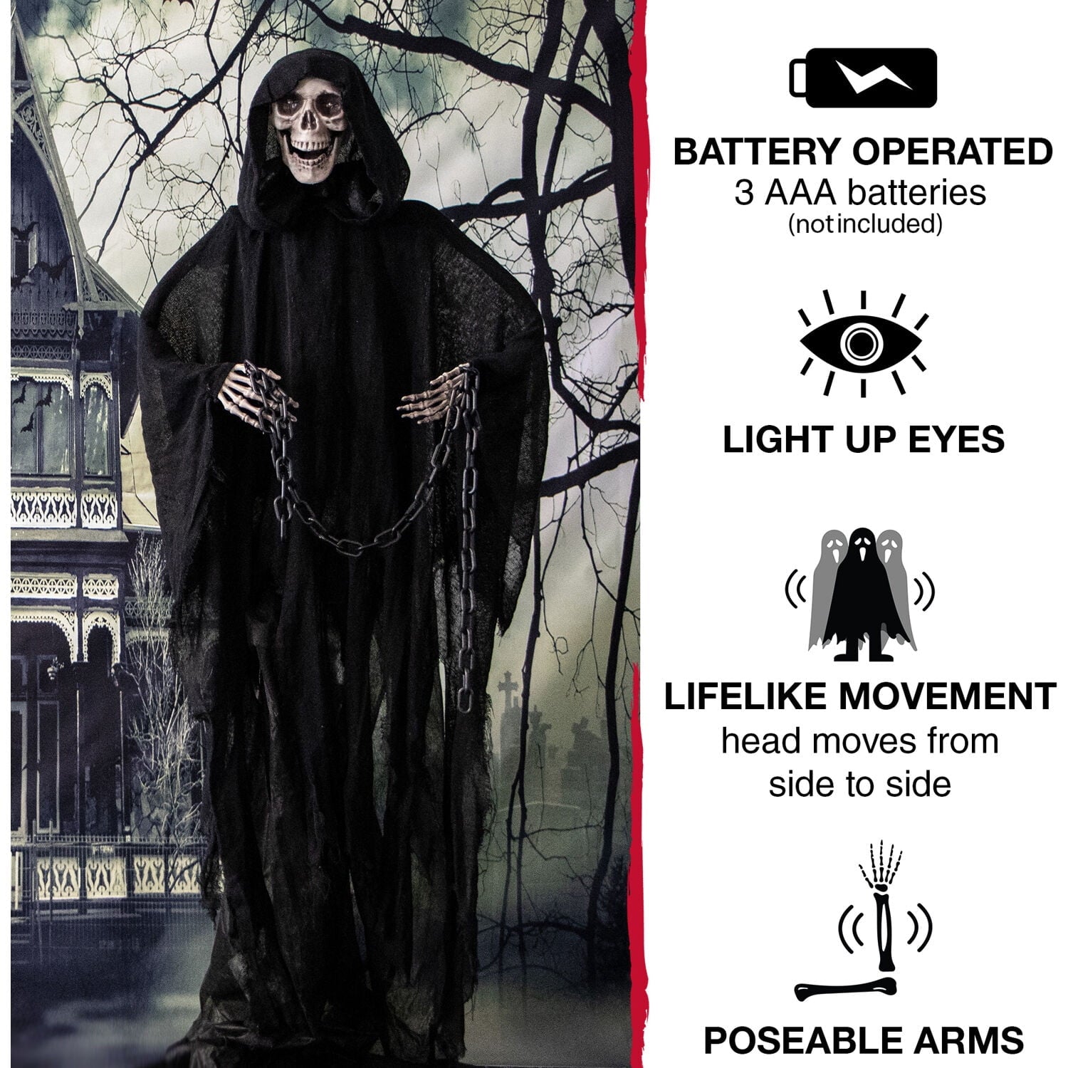 Haunted Hill Farm 5 ft Life-Size Animated Grim Reaper Prop w/ Chain and Rotating Head for Indoor or Outdoor Halloween Decoration, Battery-Operated