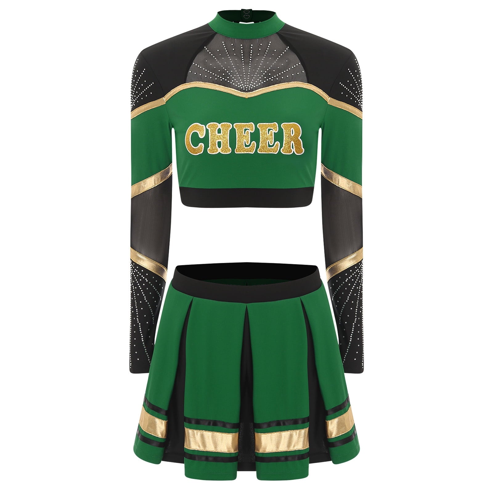 TiaoBug Women Cheer Leader Uniform Dance Cheerleading Costume Long Sleeve Crop Top with Mini Skirt White S
