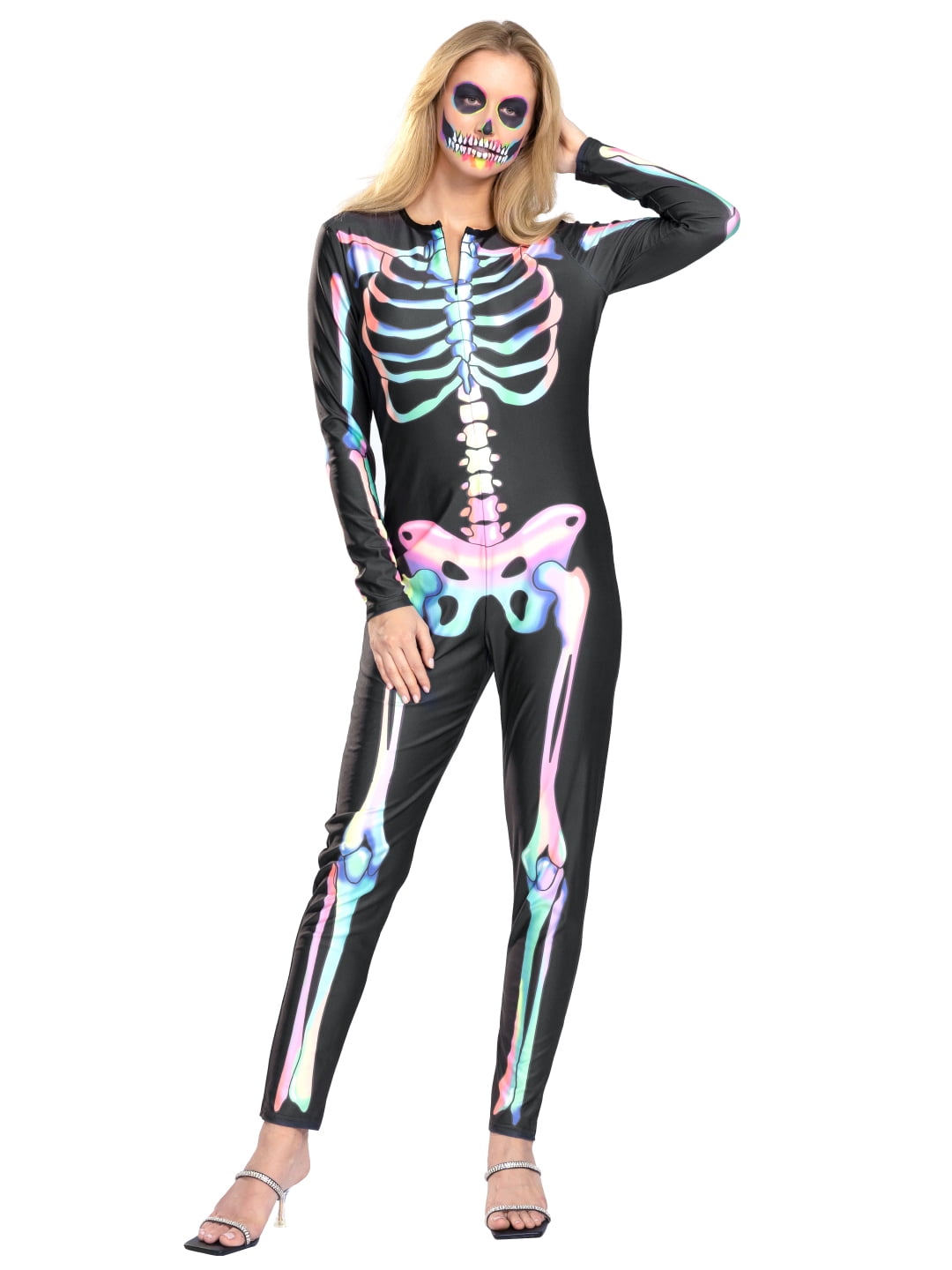 Seasons Women's Halloween Skeleton Costume, Double-Sided Colourful Pattern, Black Light Reactive