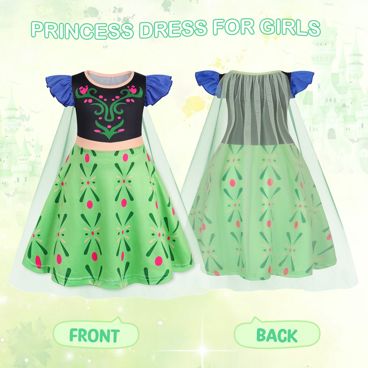 Benylion Girls Ice Princess Dress Halloween Cosplay Costumes With Tulle Cape Kids Birthday Party Dress up Outfit for 7-8 Years
