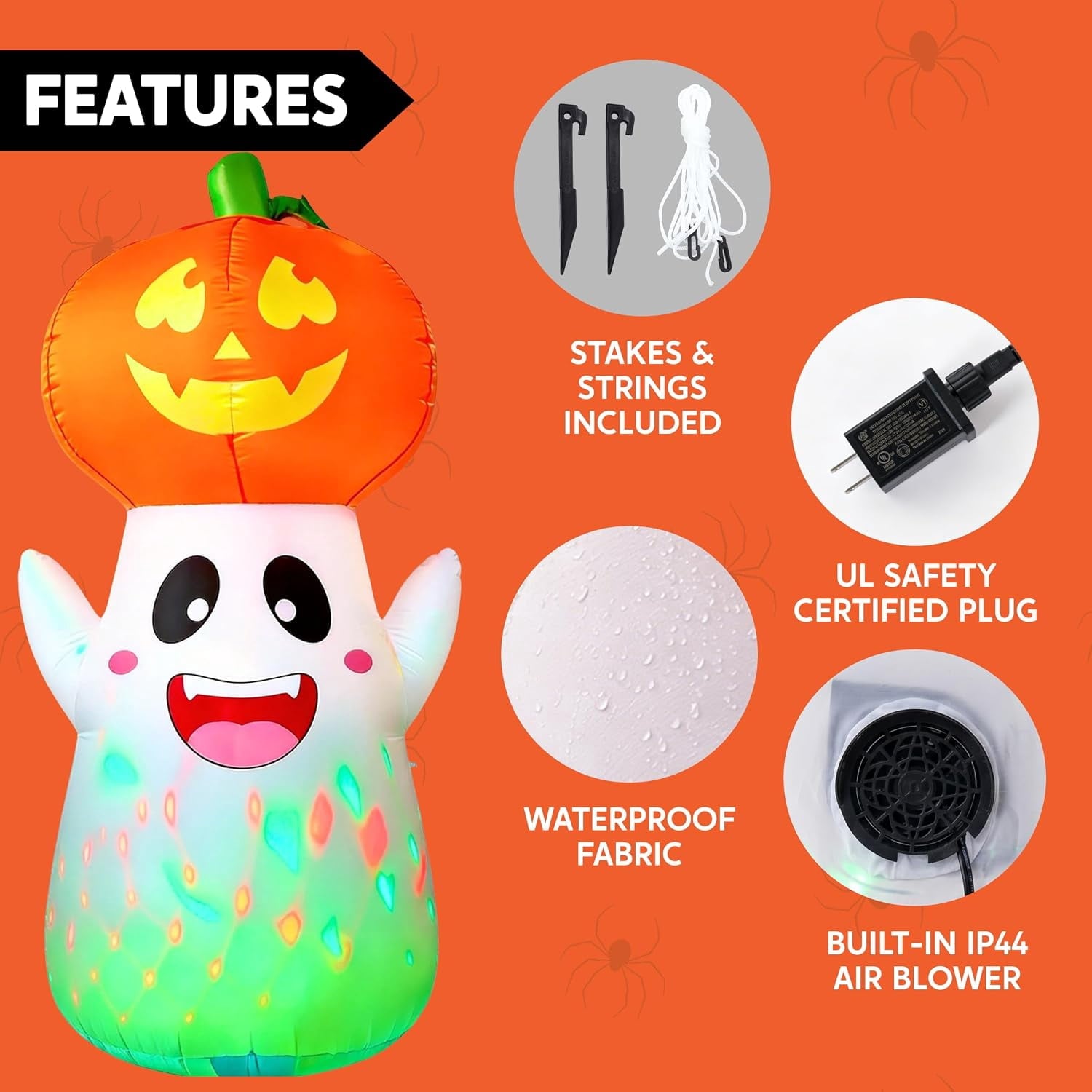 Joyfy 5Ft Halloween Inflatable Pumpkin Ghost with Colorful LED Lights,Halloween Blow Up Cute Decor for Indoor Outdoor Holiday Yard Decoration