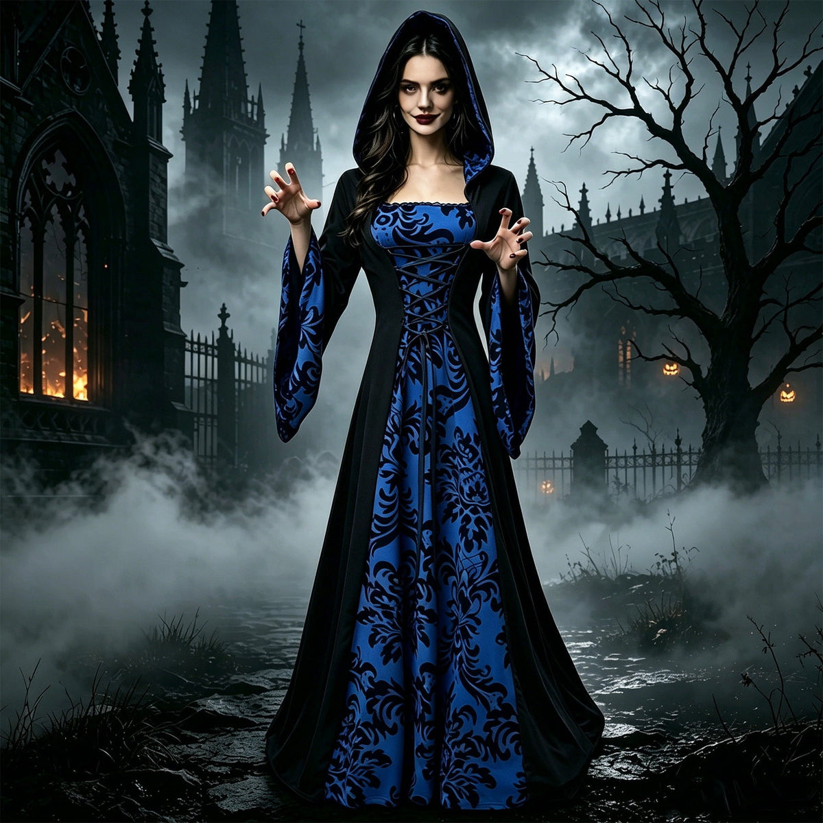 KICILVS Witch Costume Women Hooded Gothic Robe Corset Waist Bell Sleeve Maxi Length Damask Print Vampire Cloak Outfit White