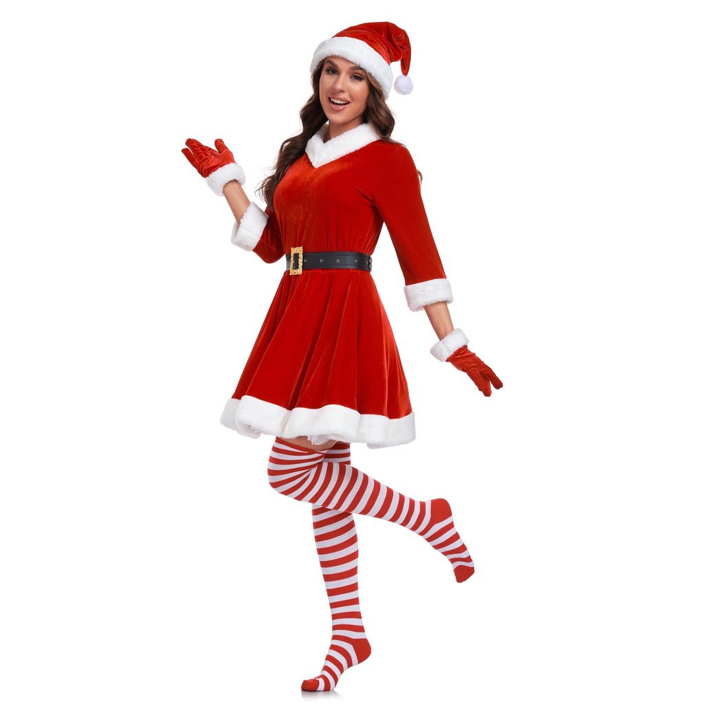Women Christmas santa Set 5 Piece Sexy Santa Red Dress with Hat Belt Gloves and Socks