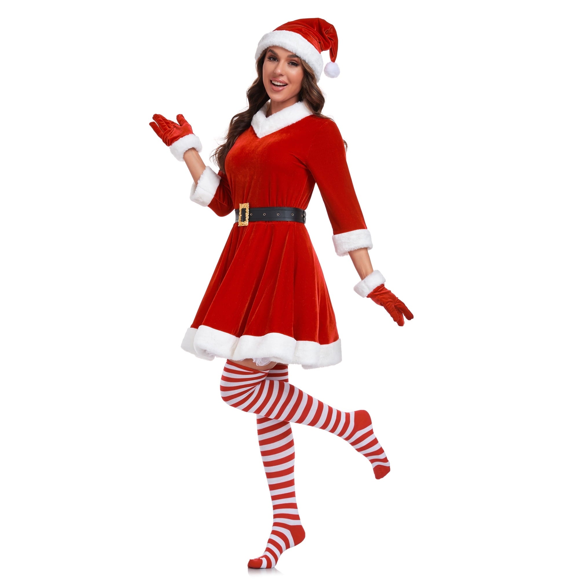 Women Christmas santa Set 5 Piece Sexy Santa Red Dress with Hat Belt Gloves and Socks