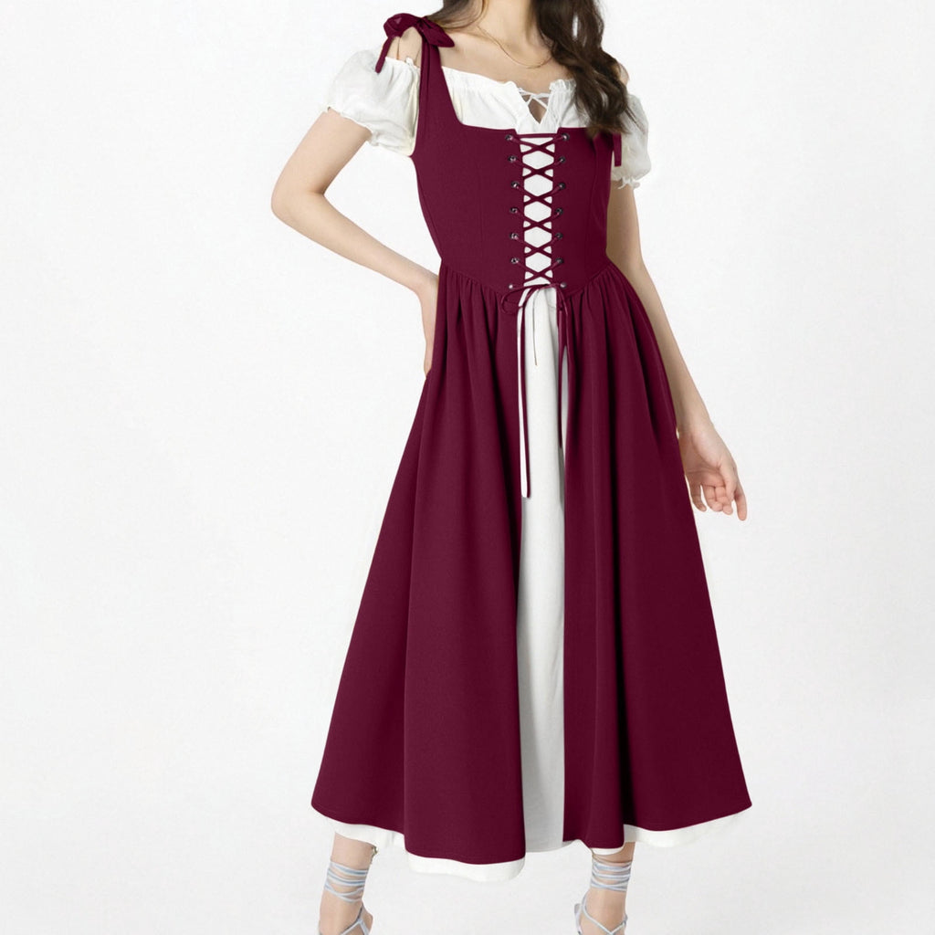 QATAINLAV Renaissance Costume Women Vintage Medieval Dress Cold Shoulder Short Sleeve Peasant Pirate Irish Maxi Dresses, Black, L
