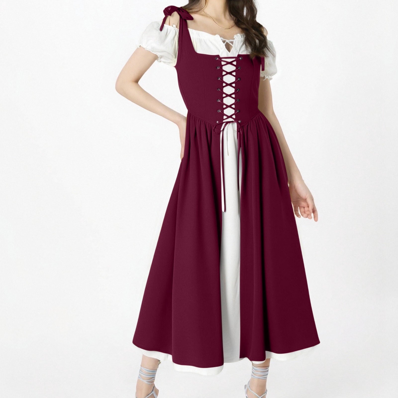 QATAINLAV Renaissance Costume Women Vintage Medieval Dress Cold Shoulder Short Sleeve Peasant Pirate Irish Maxi Dresses, Black, L