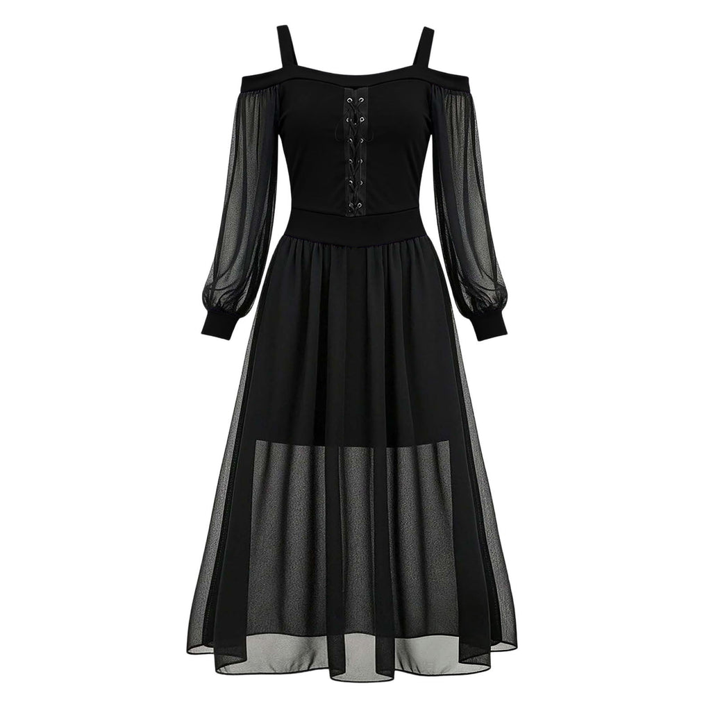 JOANKDMI Women's Gothic Midi Dress Elegant Vampire Costume Cold Shoulder Sheer Long Sleeve Lace-up Corset for Roleplay Halloween Party Outfit Chic, S-3XL