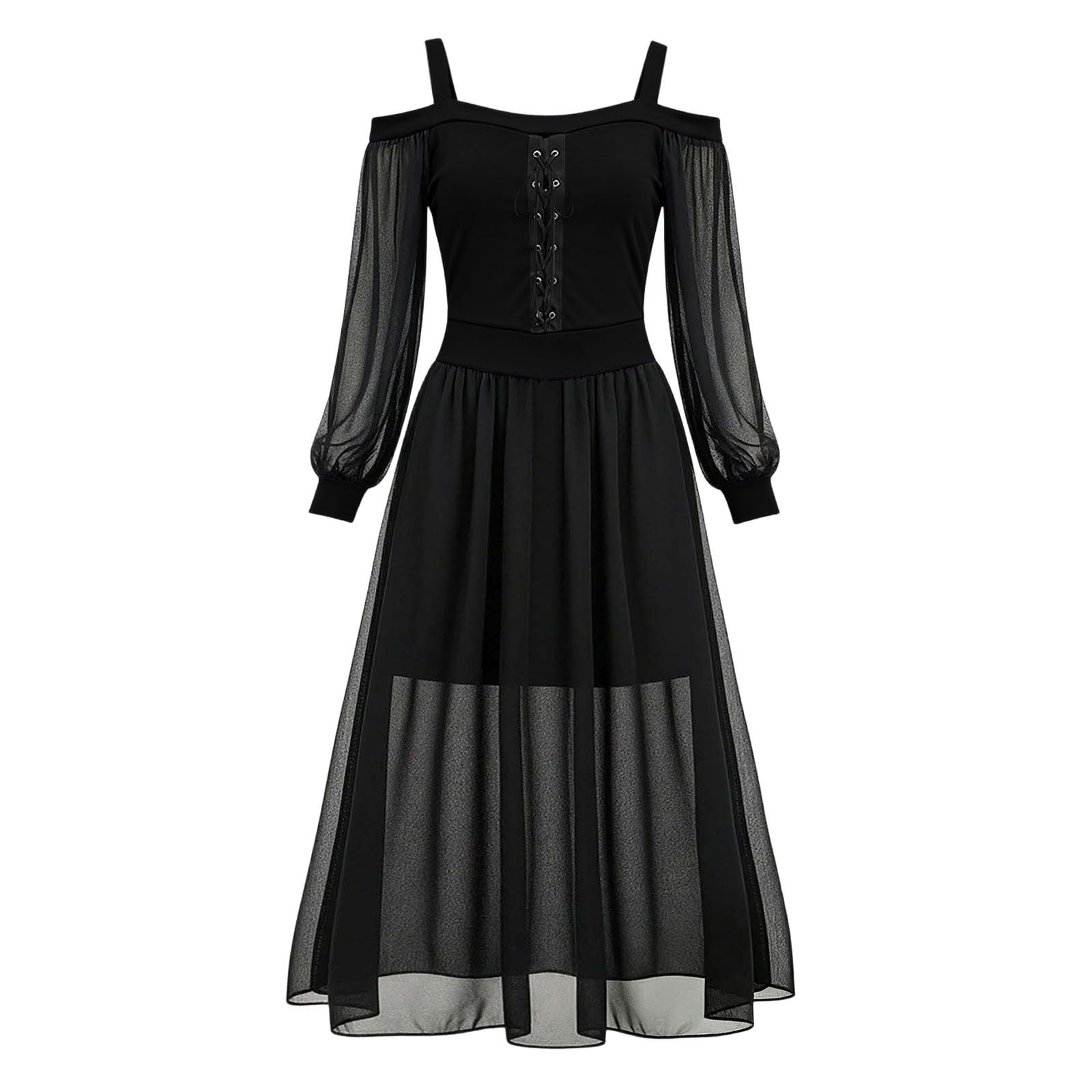 JOANKDMI Women's Gothic Midi Dress Elegant Vampire Costume Cold Shoulder Sheer Long Sleeve Lace-up Corset for Roleplay Halloween Party Outfit Chic, S-3XL