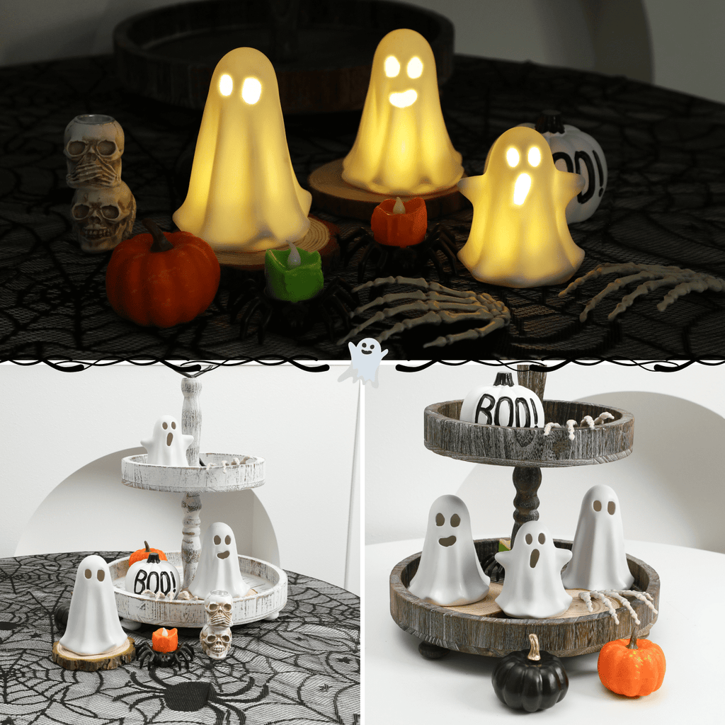 3 Pack Halloween Ceramic Ghost Decor, Cute Halloween Ghost with LED Lights, Small Ghost Spooky Figurines for Halloween Tabletop Centerpieces Fireplace Indoor Decoration