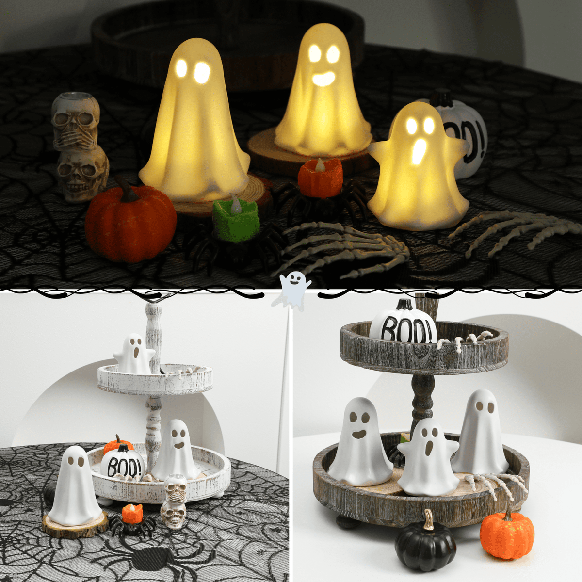 3 Pack Halloween Ceramic Ghost Decor, Cute Halloween Ghost with LED Lights, Small Ghost Spooky Figurines for Halloween Tabletop Centerpieces Fireplace Indoor Decoration