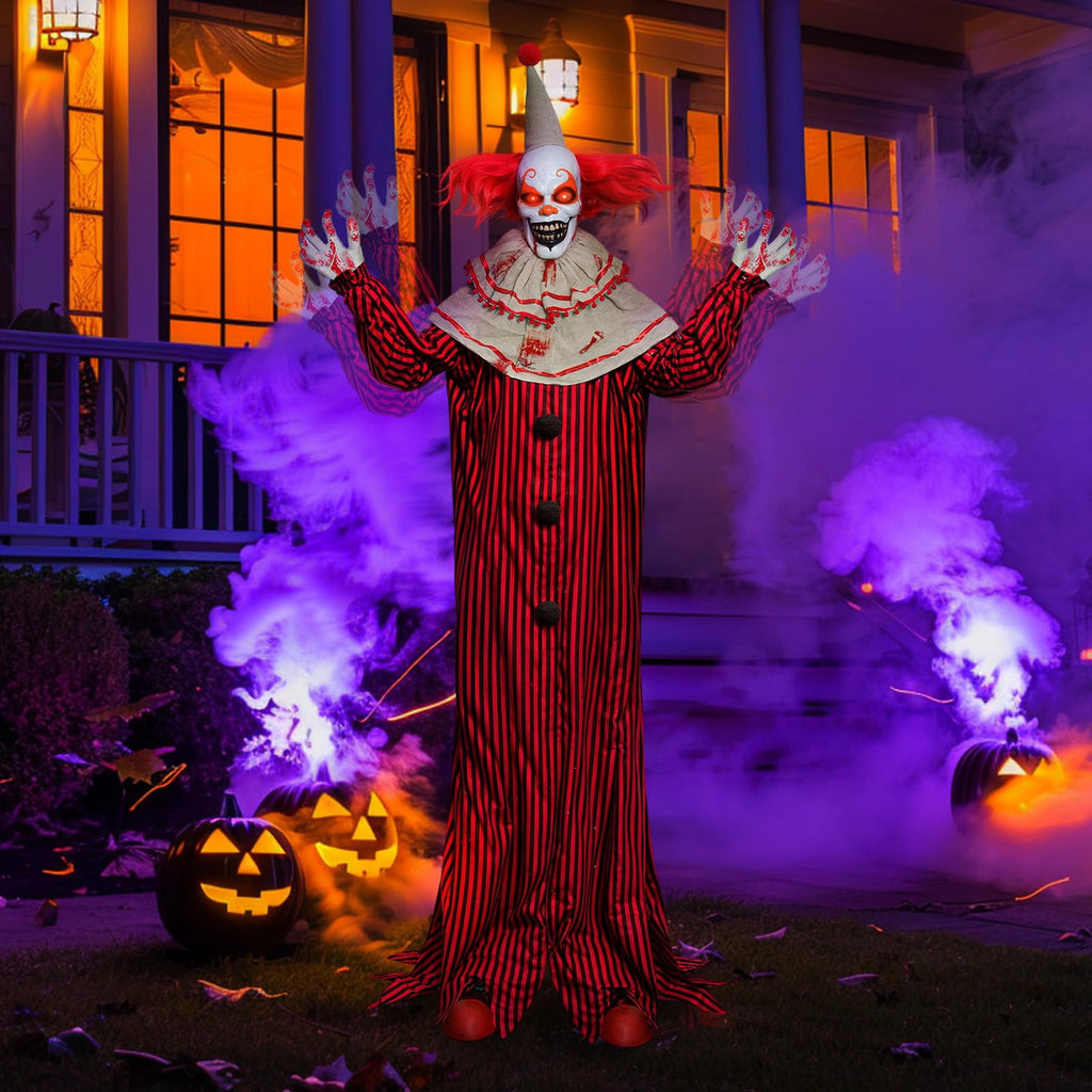 72" Halloween Decorations Outdoor Standing Animatronic Clown with Red Light Up Eyes, Motion and Sound Activated Moving Arms and Head, Scary Clown Halloween Yard Patio House Decor