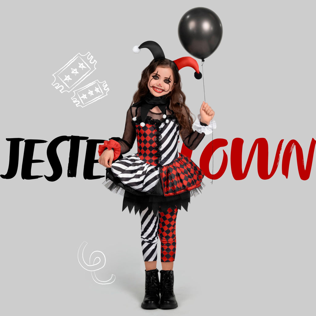 Joyfy Girls Clown Costume, Halloween Evil Clown Costume, Black and Red Jester Dress for Girls Halloween Party Dress Up Cosplay