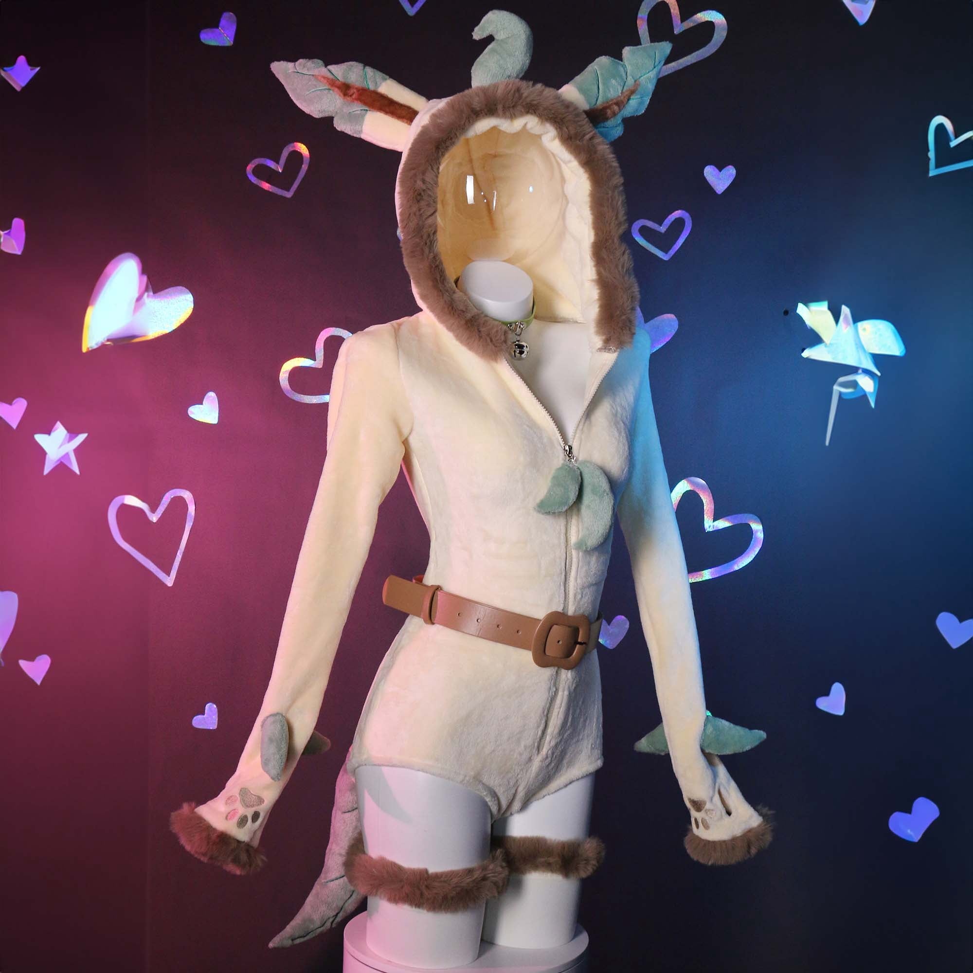 Women sexy Fluffy Hooded Bodysuit Halloween Deep V Kawaii One Piece Lingerie Rompers with Choker and Socks