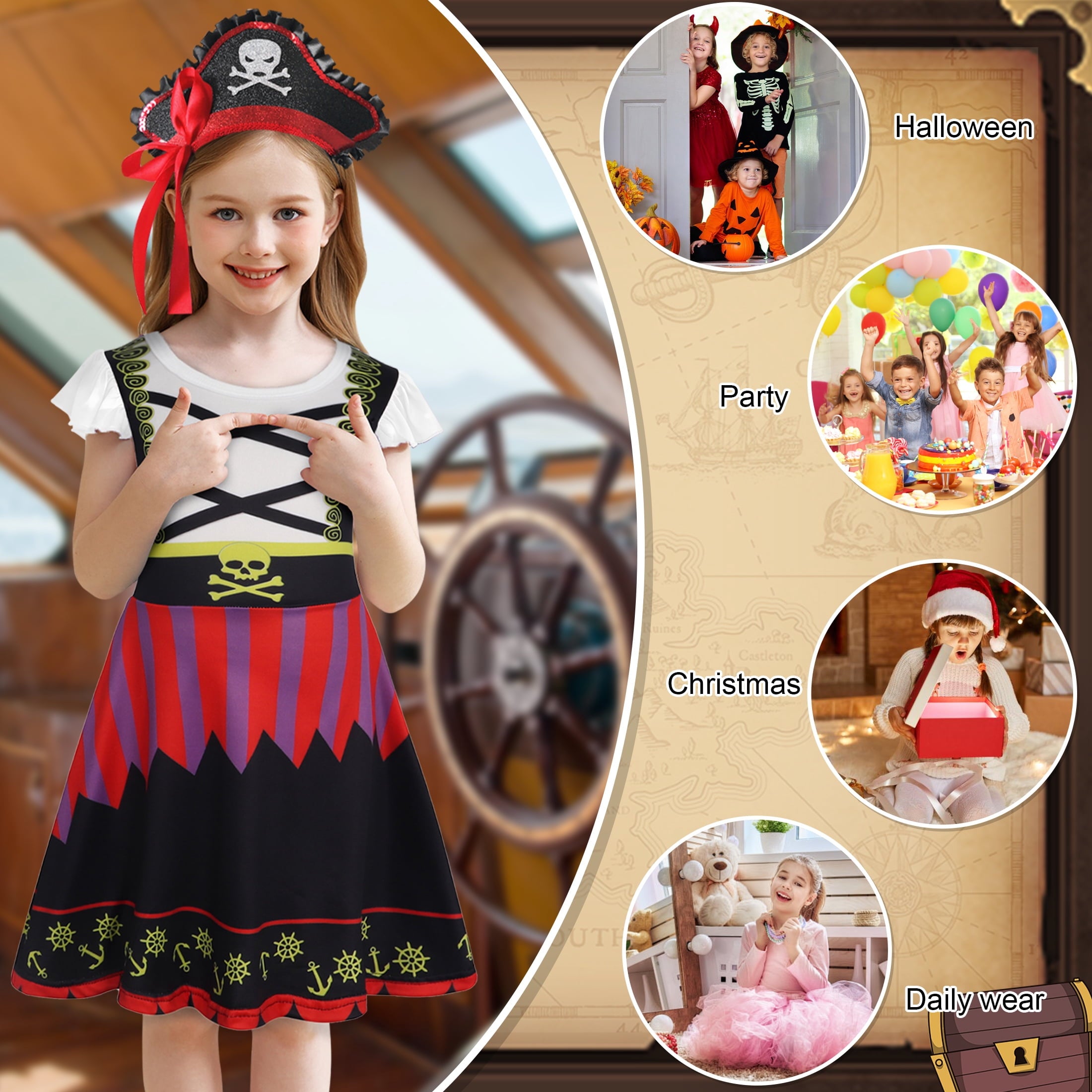 Benylion Girls Pirate Costume for Kids Halloween Party Dress Up Toddler Pirate Christmas Cosplay Outfit with Accessories for 5-6 Years