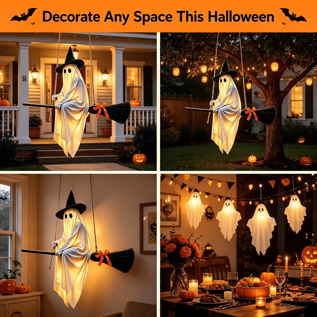 Mivyn Hanging Ghost Decor, Light-Up Flying Ghost on Broomstick with Witch Hat,Spooky Cute Outdoor Halloween Decorations for Front Porch Yard, 5 FT, 1 Pack