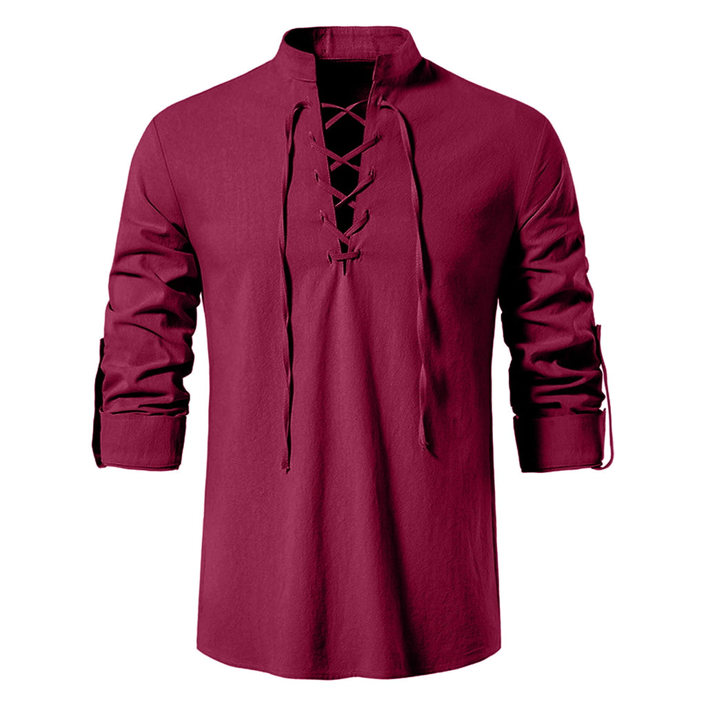 BVWKPCV Men's Renaissance Shirt Pirate Medieval Viking Top Linen Long Sleeved Halloween Costume Wine XL