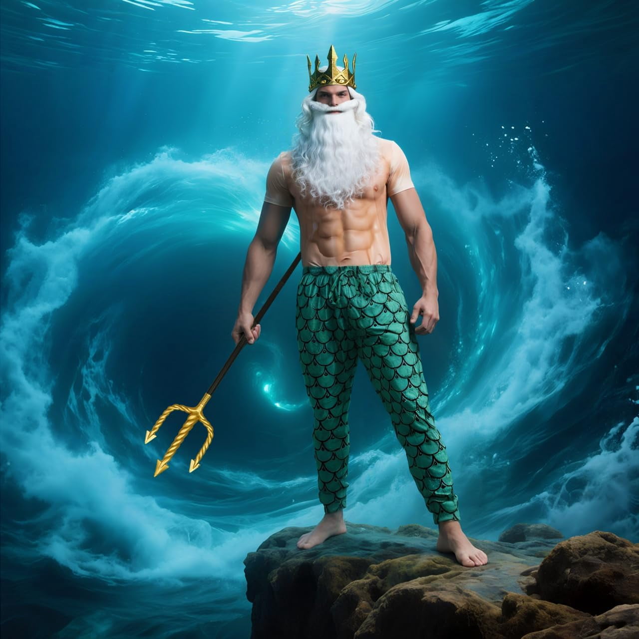 5 Pcs Halloween Poseidon Costumes Cosplay God of The Sea Mermaid Pants Muscle Shirt Trident Scepter Wig Beard and King Crown
