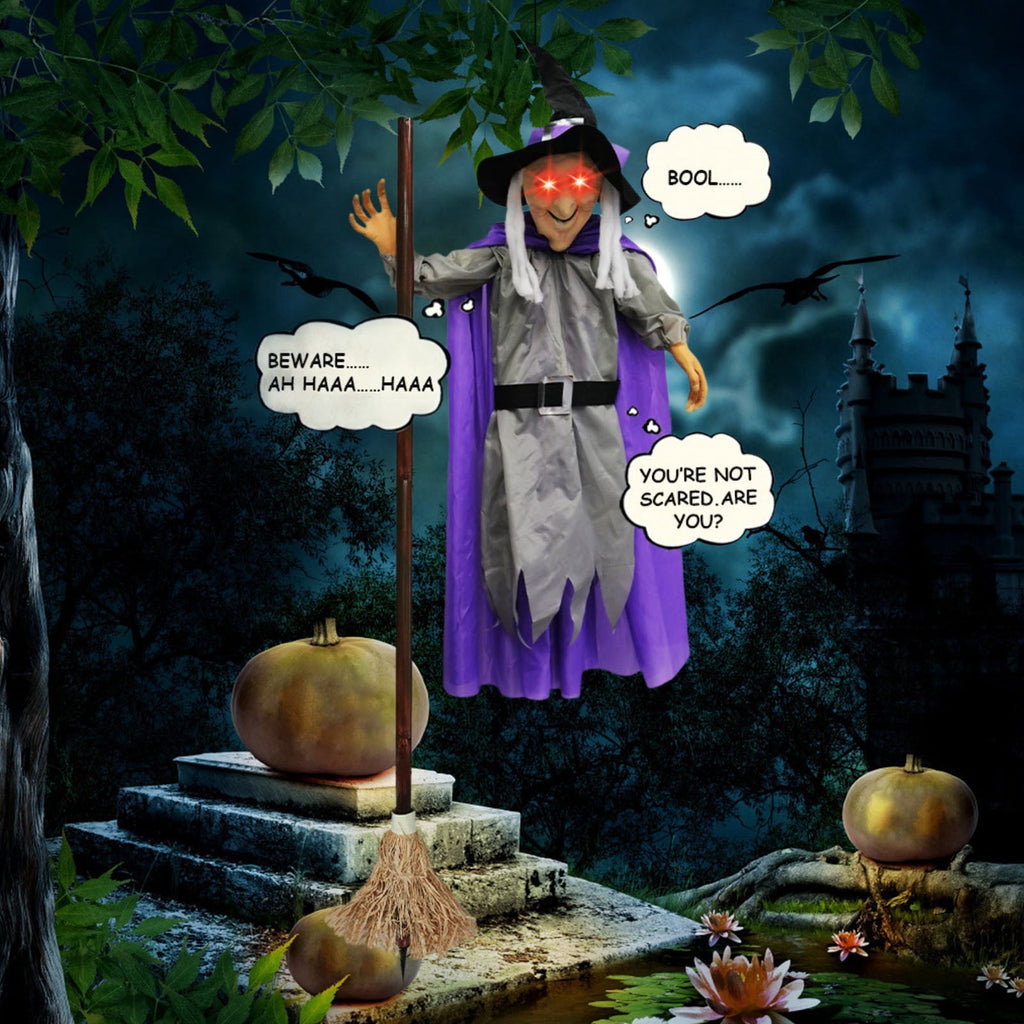 Halloween Flying Witch on Broom Decorations, 6 FT Animated Hovering Witch Animatronics Holding Sweeper Props with Scary Sounds and Lights, House Decor for Outside Indoor Garden Yard Lawn