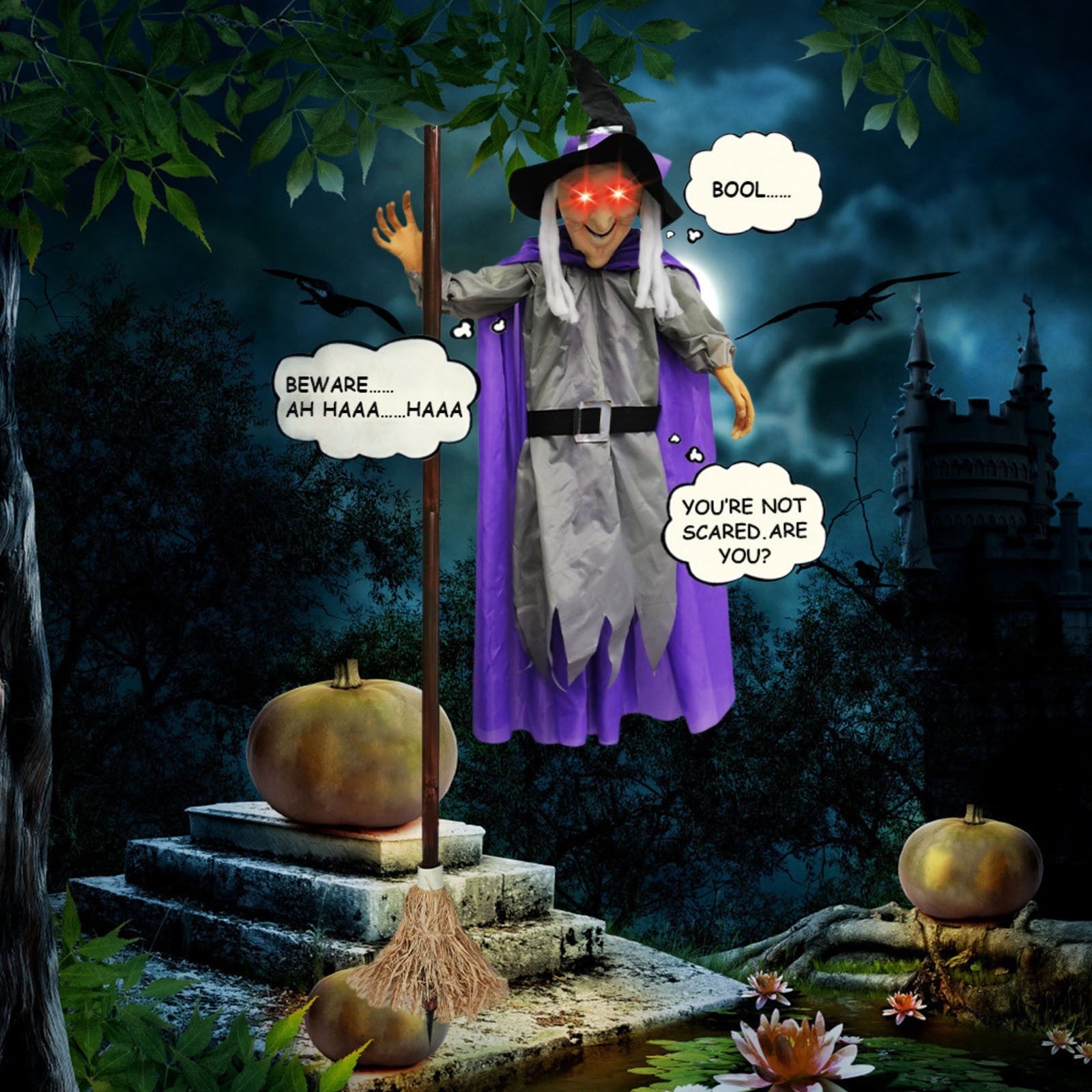Halloween Flying Witch on Broom Decorations, 6 FT Animated Hovering Witch Animatronics Holding Sweeper Props with Scary Sounds and Lights, House Decor for Outside Indoor Garden Yard Lawn