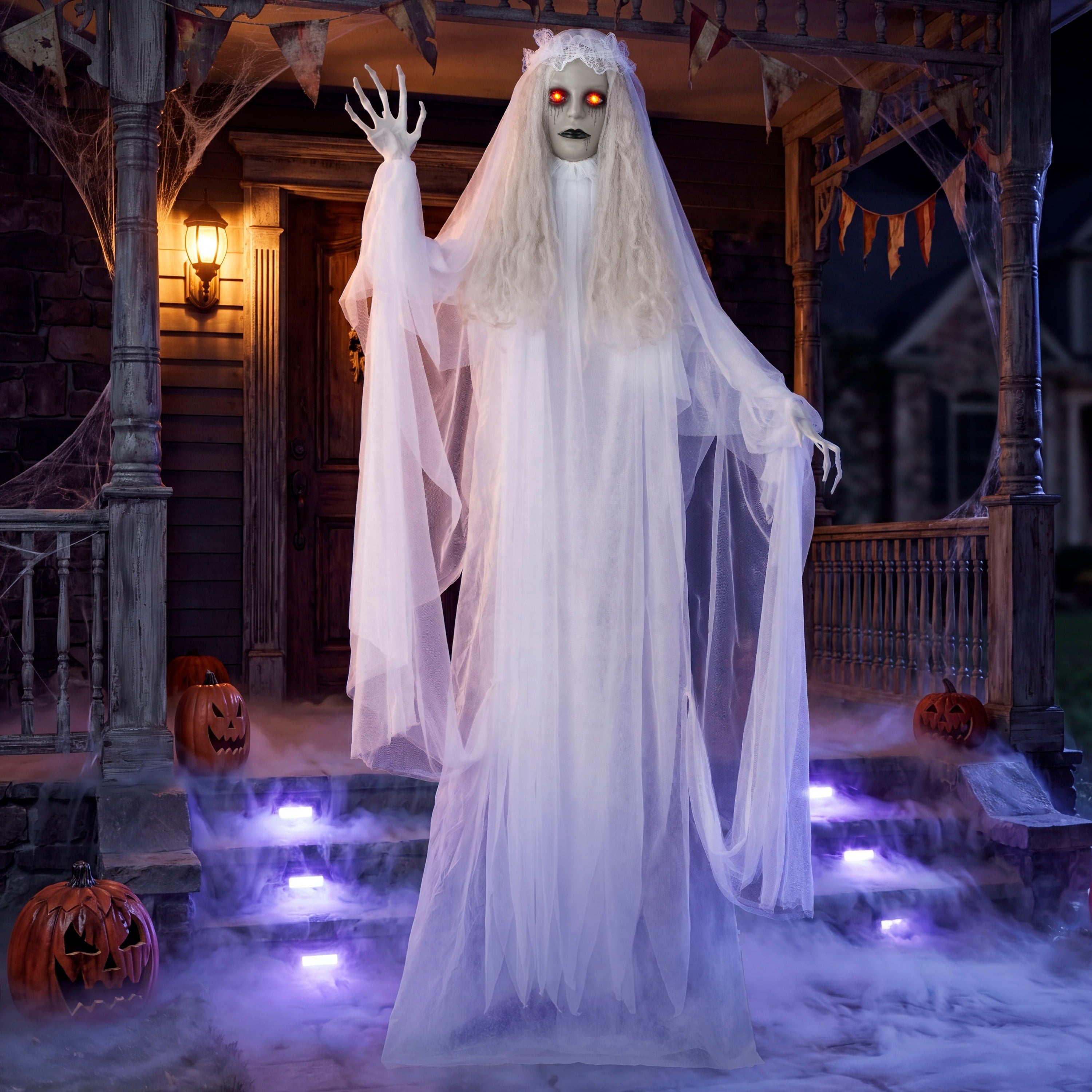 Joyfy 67" Standing Grim Reaper with Chain, Large Halloween Decorations Outdoor, Life Size Animatronics Skelton, Sound-Actived Party Decor with Creepy Sound & LED Eyes, Scary Haunted House Props