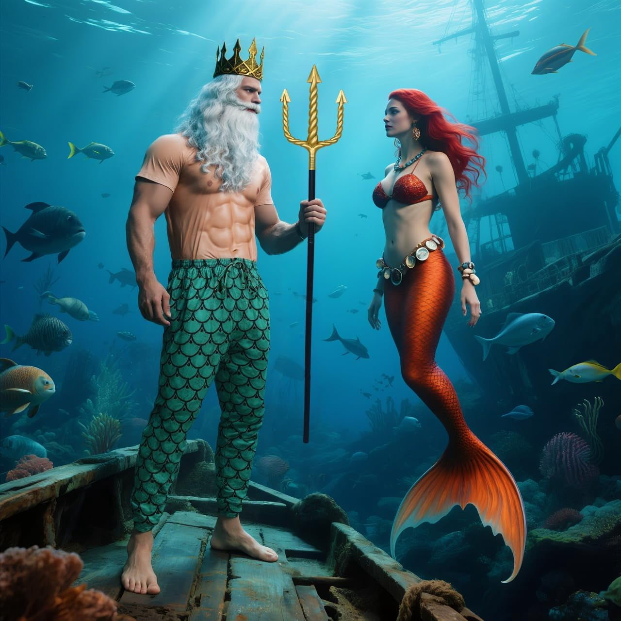 5 Pcs Halloween Poseidon Costumes Cosplay God of The Sea Mermaid Pants Muscle Shirt Trident Scepter Wig Beard and King Crown