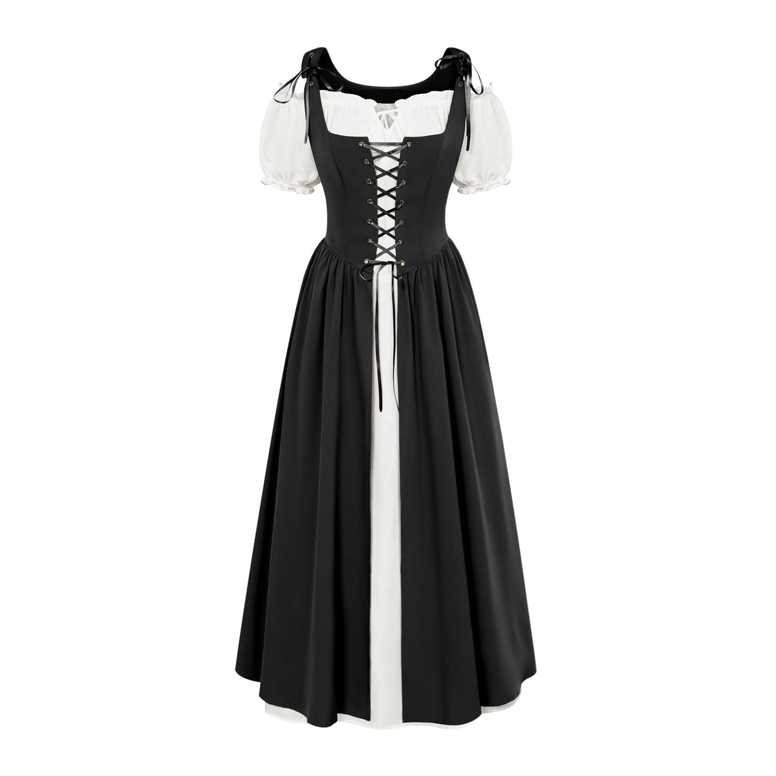 QATAINLAV Renaissance Costume Women Vintage Medieval Dress Cold Shoulder Short Sleeve Peasant Pirate Irish Maxi Dresses, Black, L