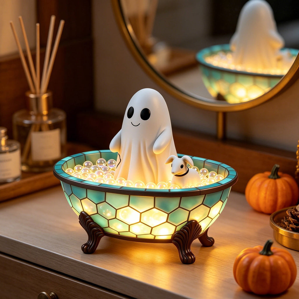 Ghost Bubble Bath LampHalloween Bathroom Decor Gifts Under 20 Bathtub Ghost & Dog Resin Figurine, Warm LED Halloween Tabletop Decor for Bathroom, Bedroom, Kids Room & Fall Home Accent