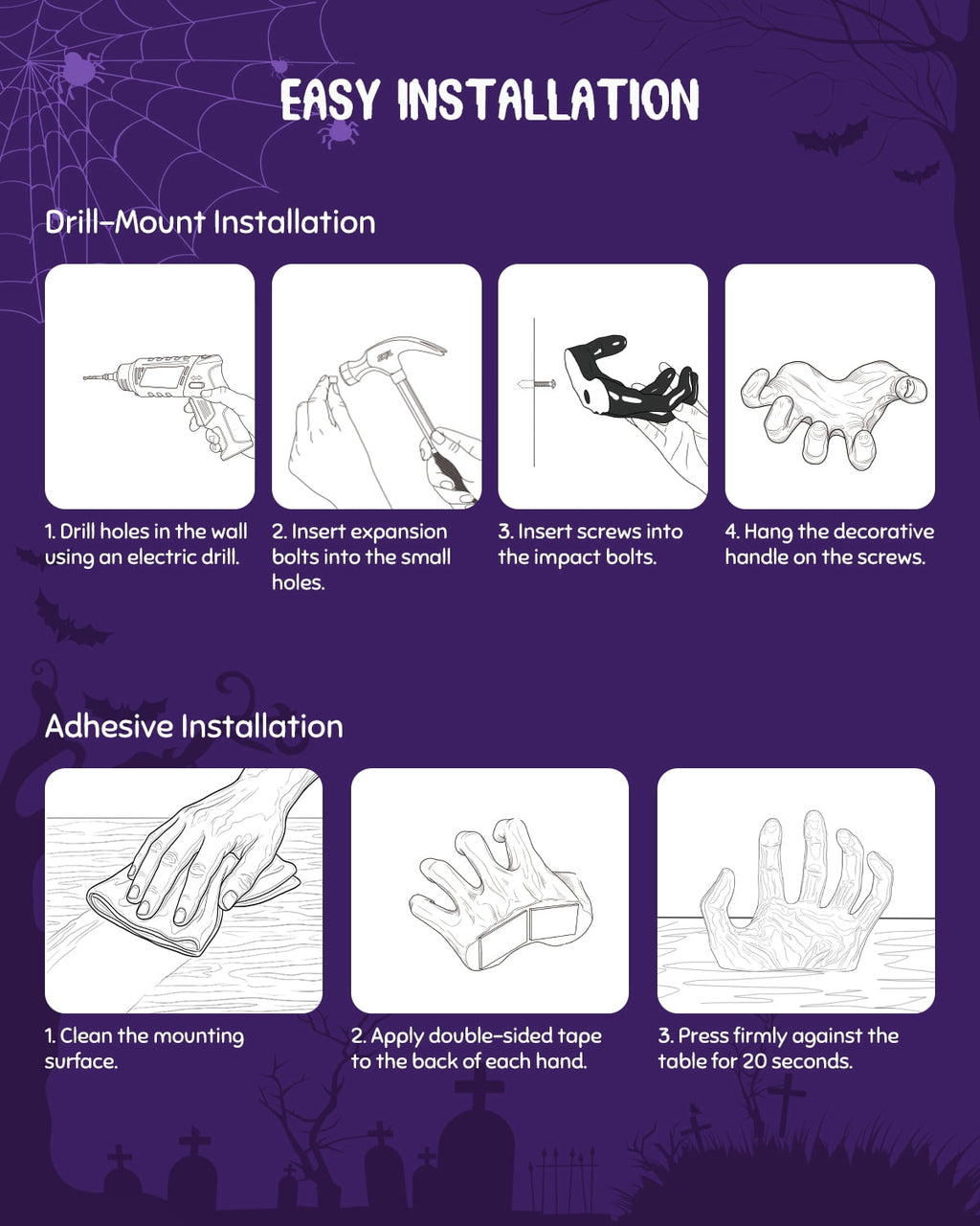 Yinghao Halloween Decoration 3 pack Black Ghost Hands Decor with LED Candle, Life-sized Gothic Design, Screw and Adhesive install, 3 Flameless Candle