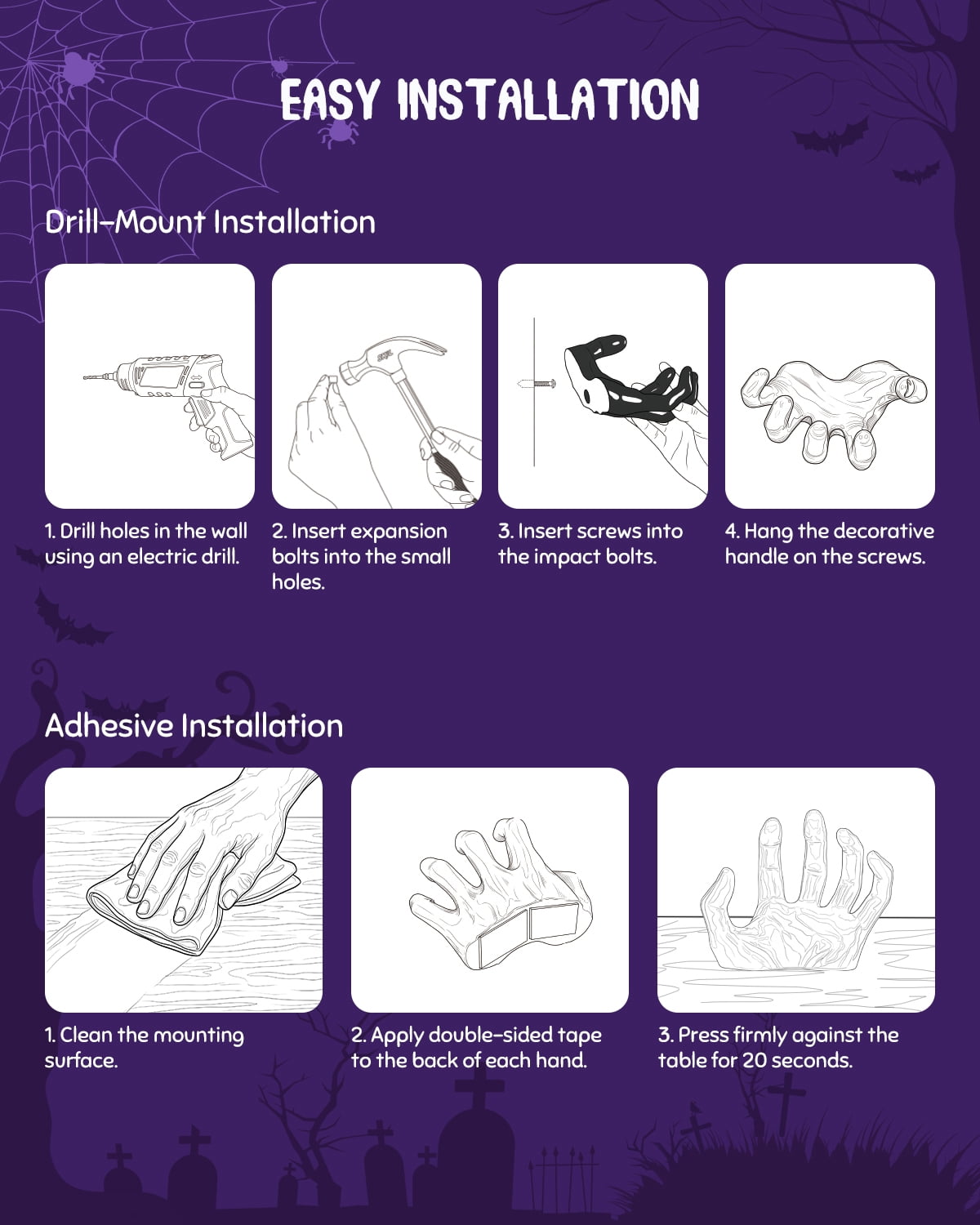 Yinghao Halloween Decoration 3 pack Black Ghost Hands Decor with LED Candle, Life-sized Gothic Design, Screw and Adhesive install, 3 Flameless Candle