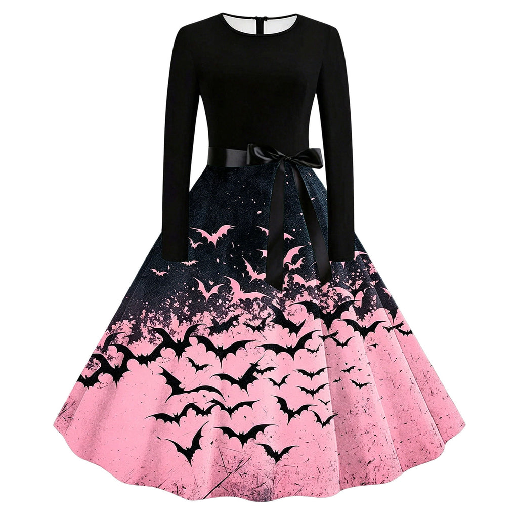 Women's Vintage Halloween Bat Print Swing Dress Long Sleeve 1950s Retro A-Line Midi Dresses with Satin Sash Belt for Gothic Cosplay Evening Prom Party