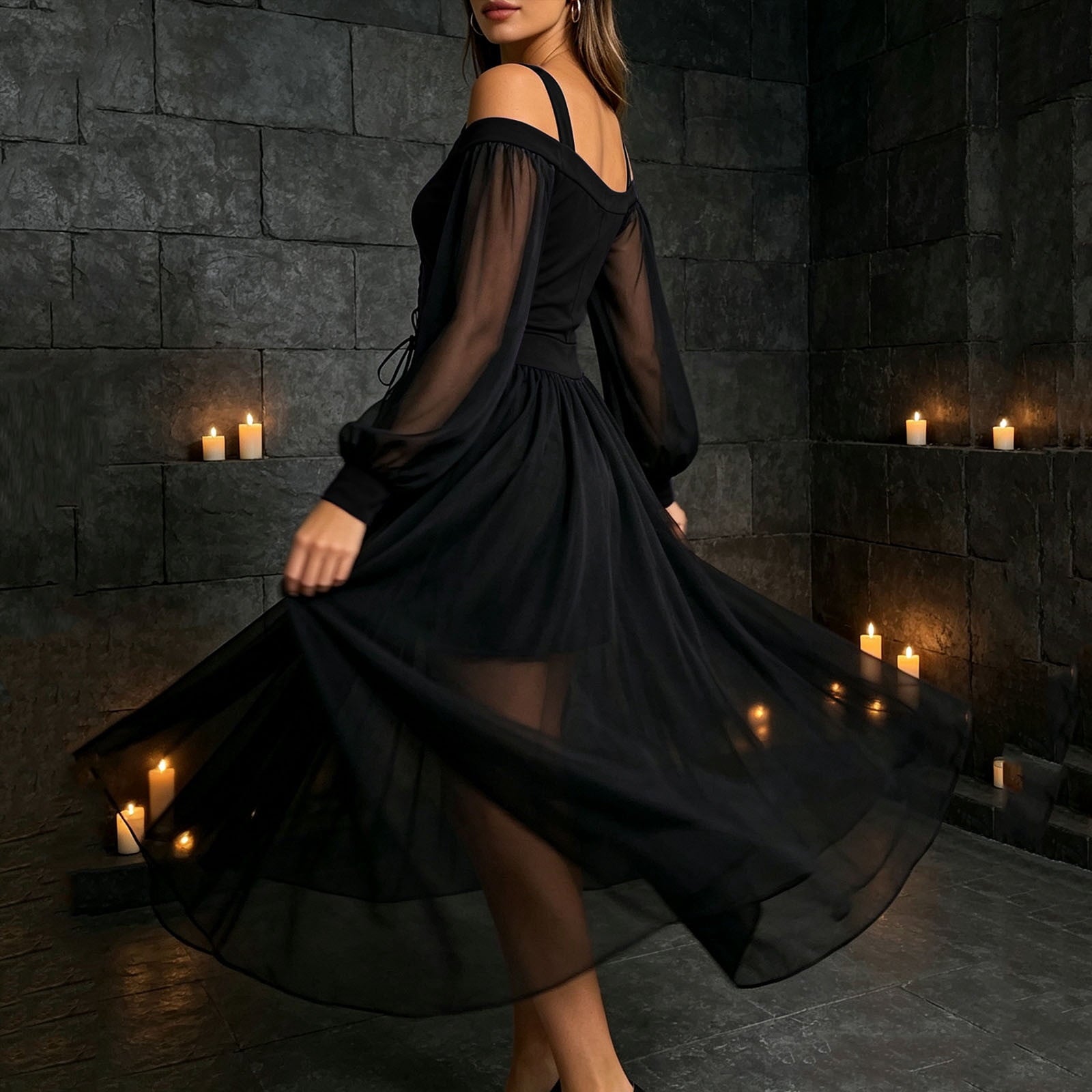 JOANKDMI Women's Gothic Midi Dress Elegant Vampire Costume Cold Shoulder Sheer Long Sleeve Lace-up Corset for Roleplay Halloween Party Outfit Chic, S-3XL