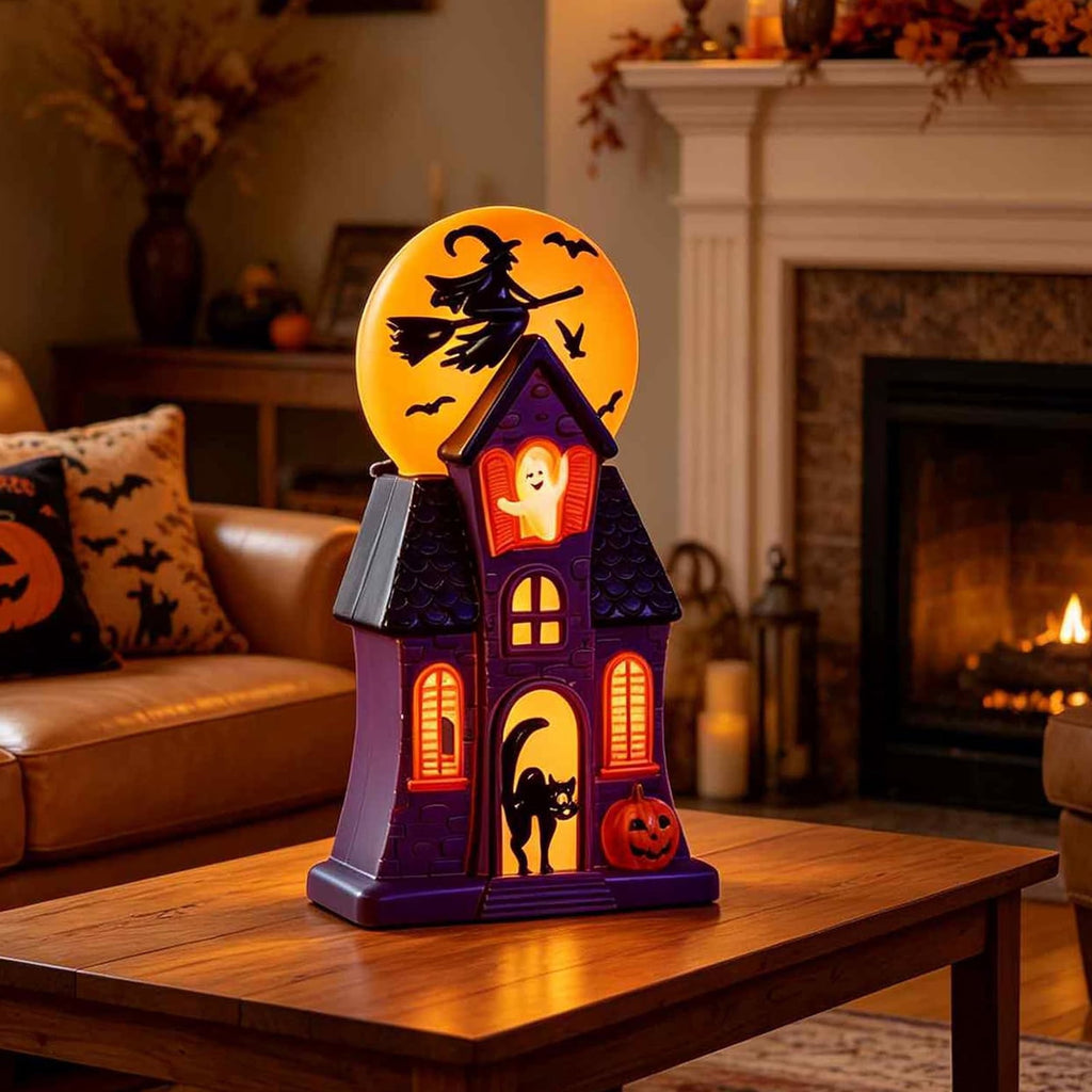 HAHUT Halloween House Blow Mold Light, Resin Pre-Lit Spooky Mansion with Glowing Witch Moon, Ghost & Black Cat for Halloween Party Tabletop Decor (Purple)